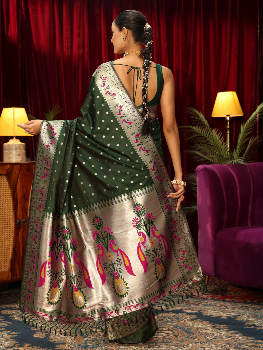  Libas Dark Green Silk Blend Paithani Tassel Saree 
