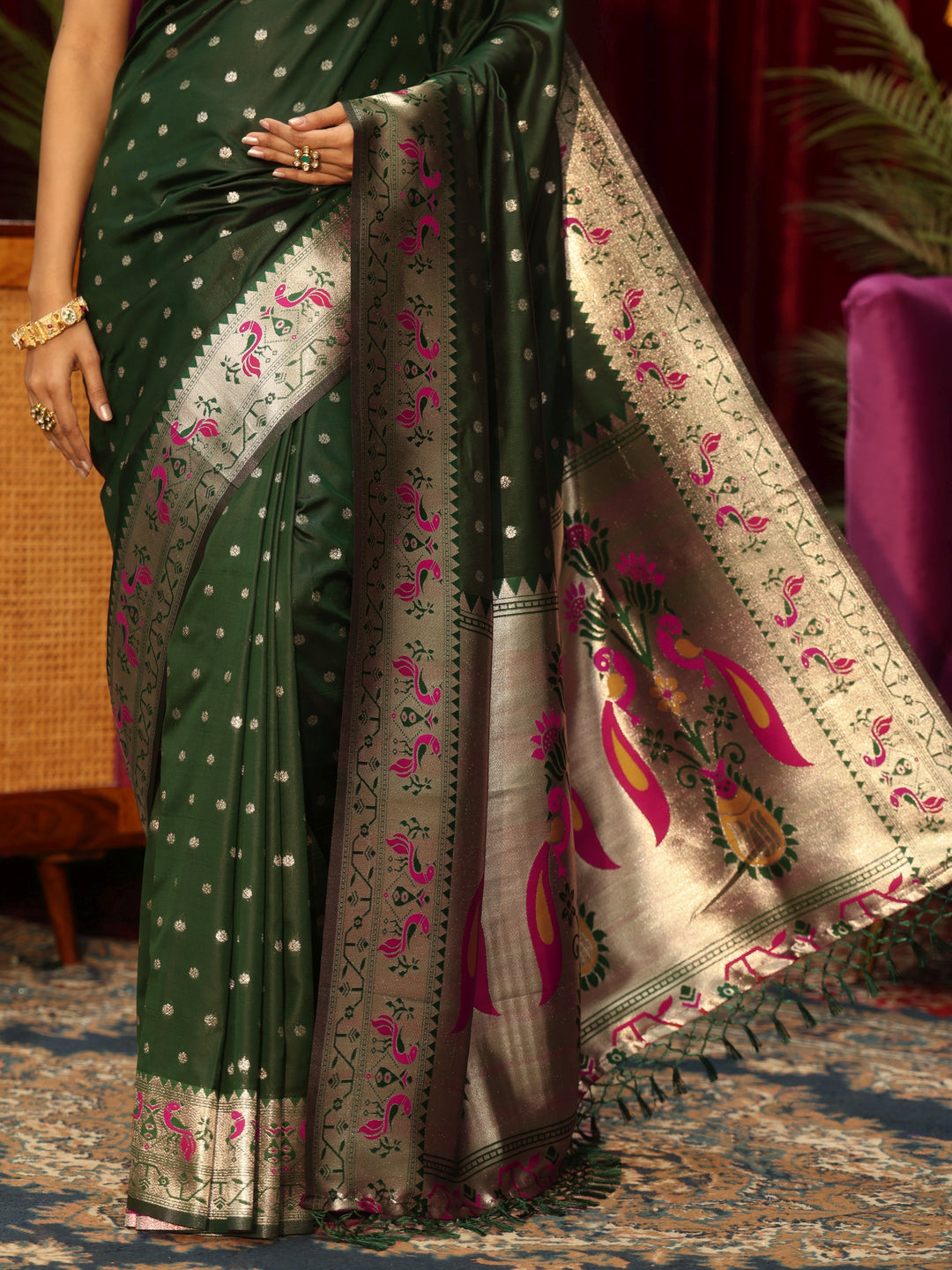  Libas Dark Green Silk Blend Paithani Tassel Saree 