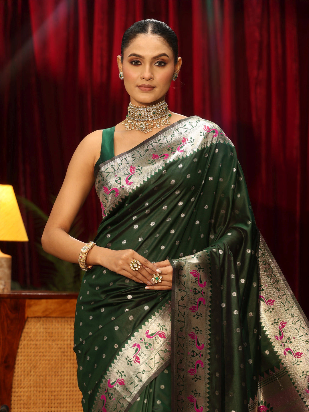  Libas Dark Green Silk Blend Paithani Tassel Saree 