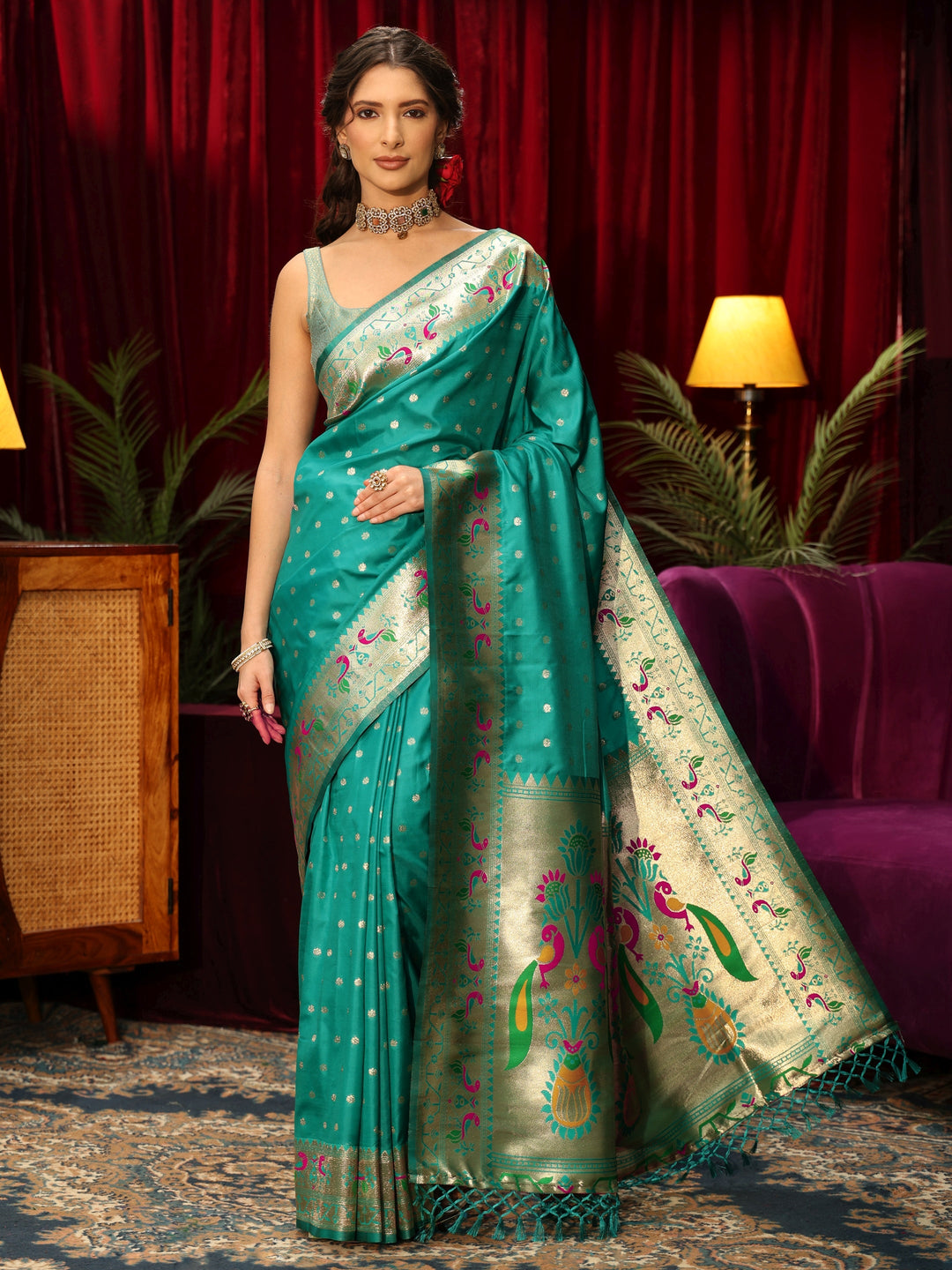  Libas Sea Green Silk Blend Paithani Tassel Saree 