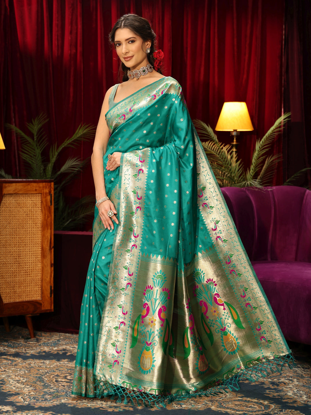  Libas Sea Green Silk Blend Paithani Tassel Saree 