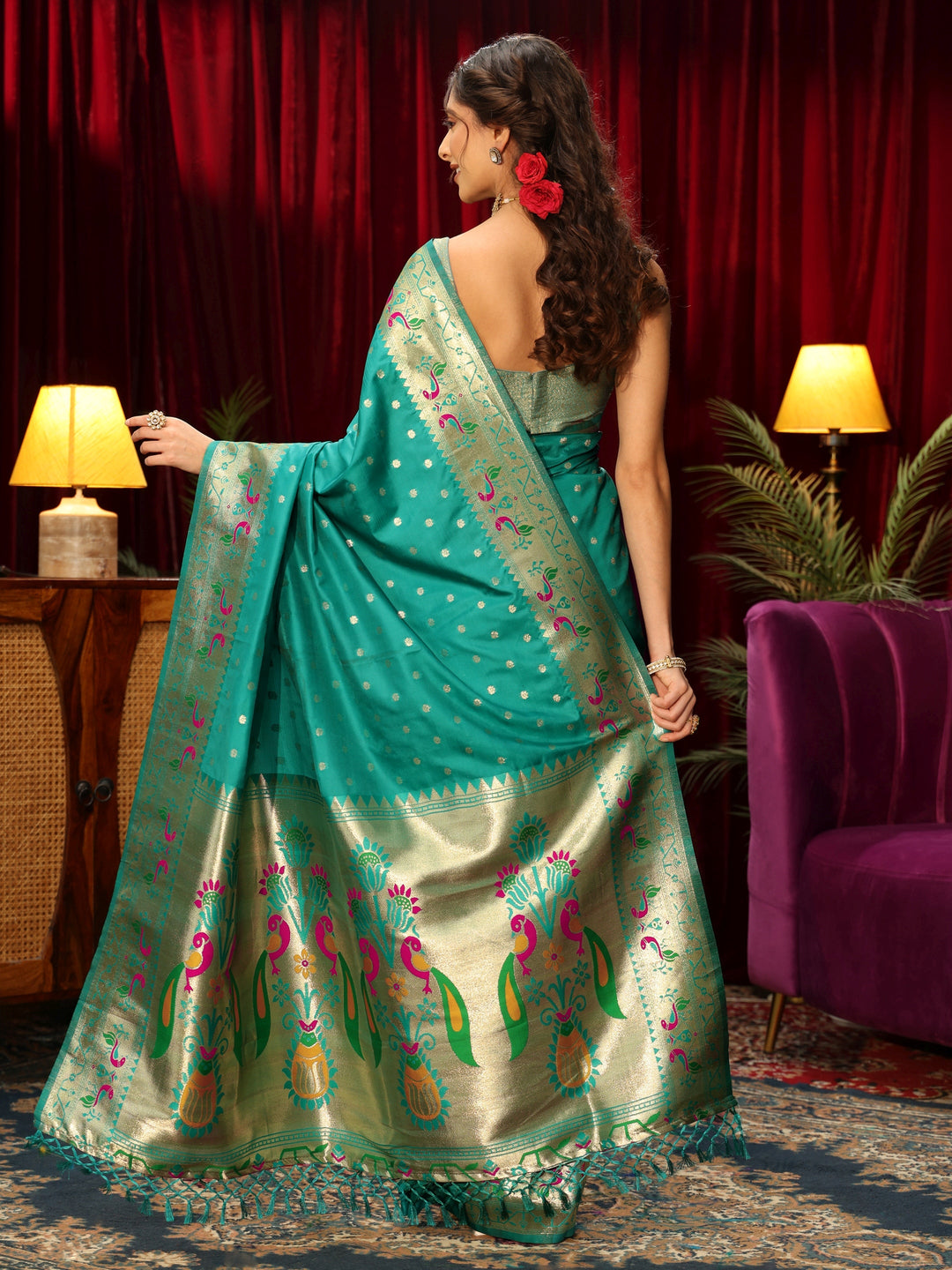  Libas Sea Green Silk Blend Paithani Tassel Saree 