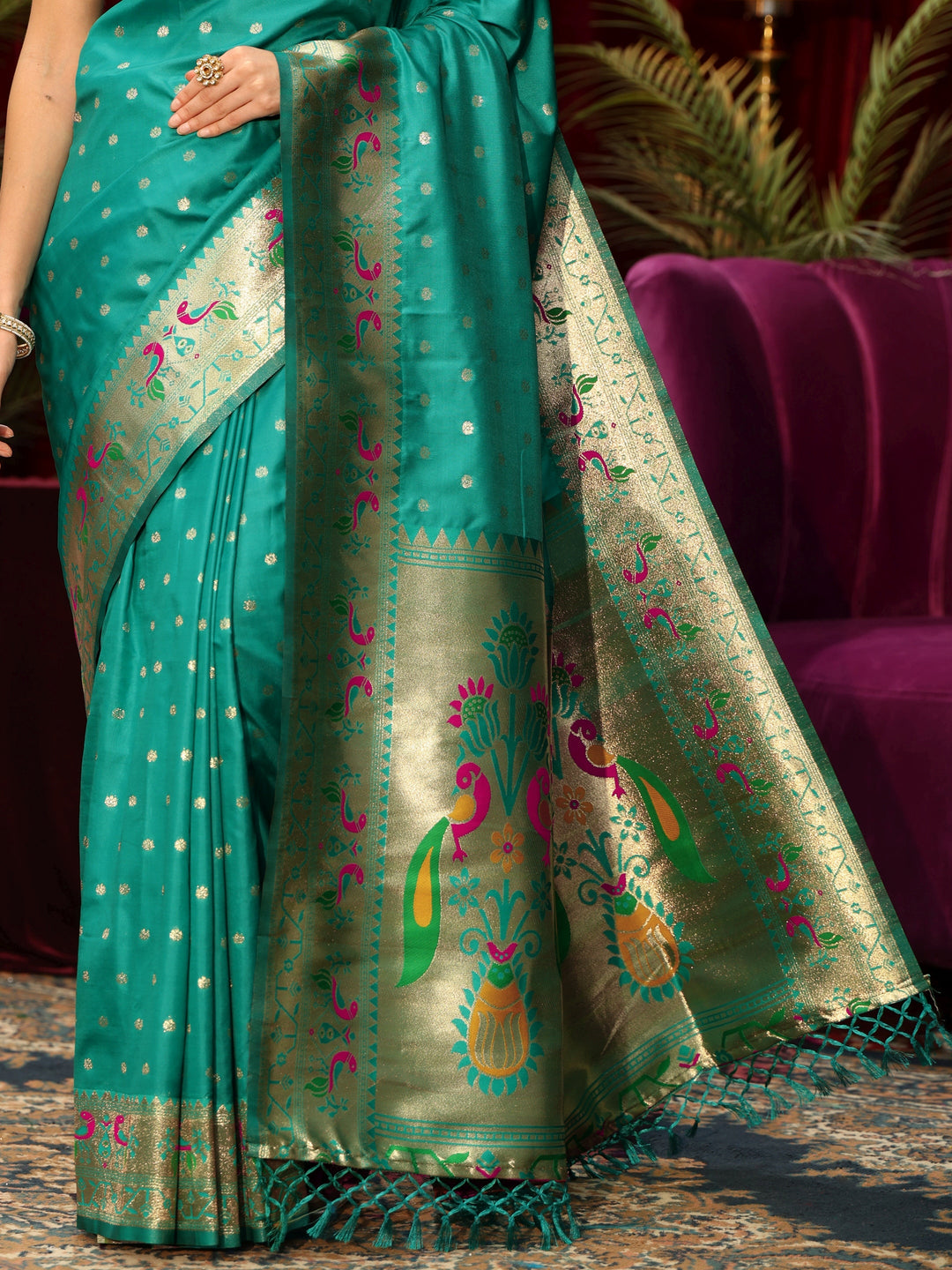  Libas Sea Green Silk Blend Paithani Tassel Saree 