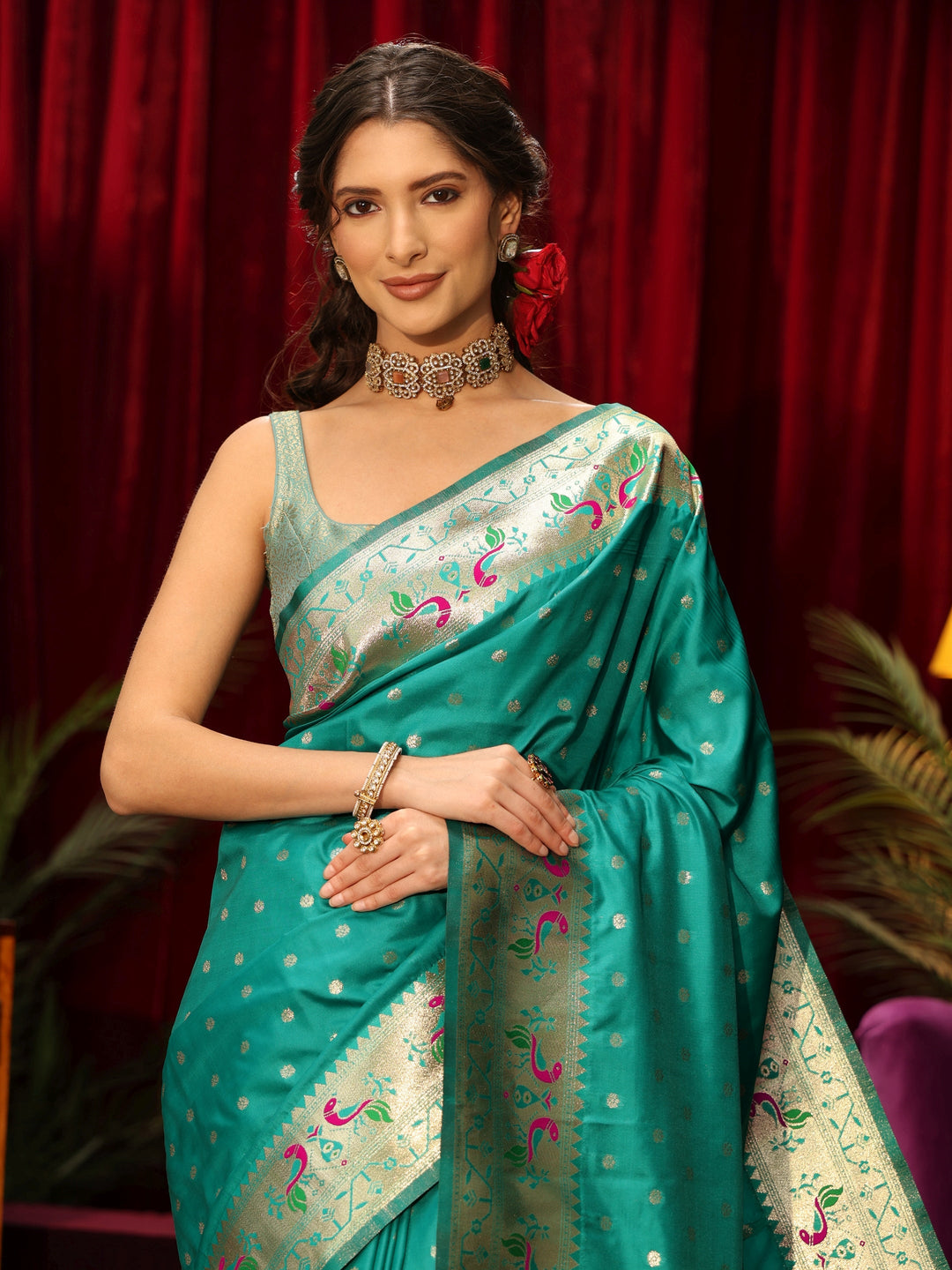  Libas Sea Green Silk Blend Paithani Tassel Saree 