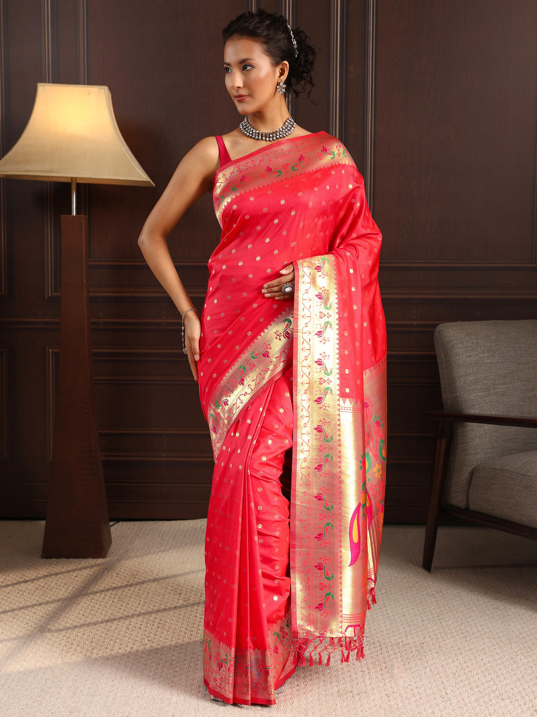  Libas Red Paithani Silk Blend Tassel Saree 