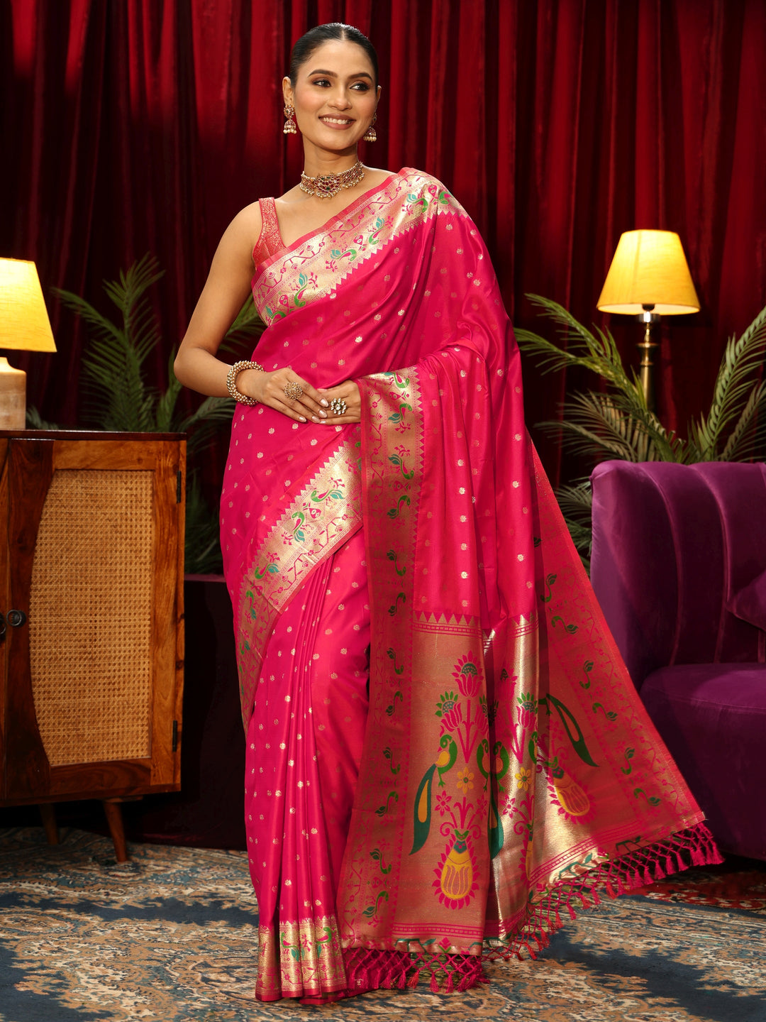  Libas Rani Pink Silk Blend Paithani Tassel Saree 