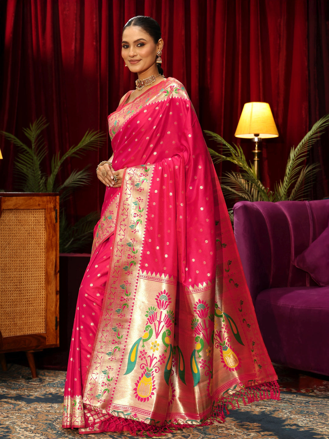  Libas Rani Pink Silk Blend Paithani Tassel Saree 
