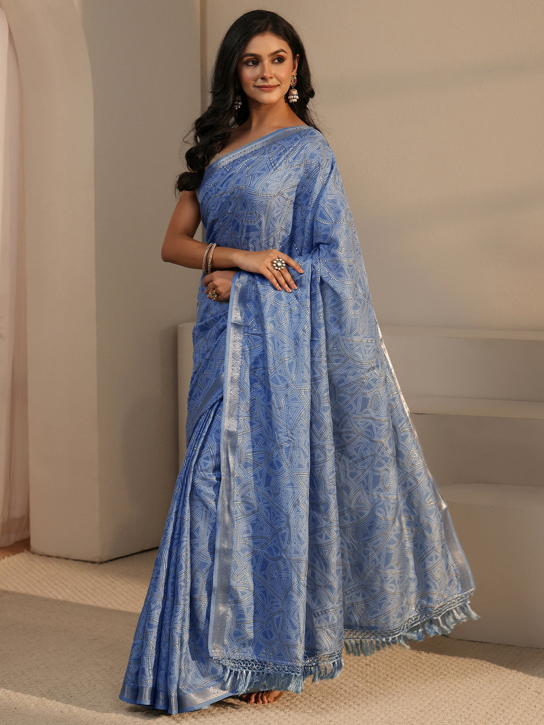  Libas Blue Bandhani Printed Silk Blend Tassel Saree 
