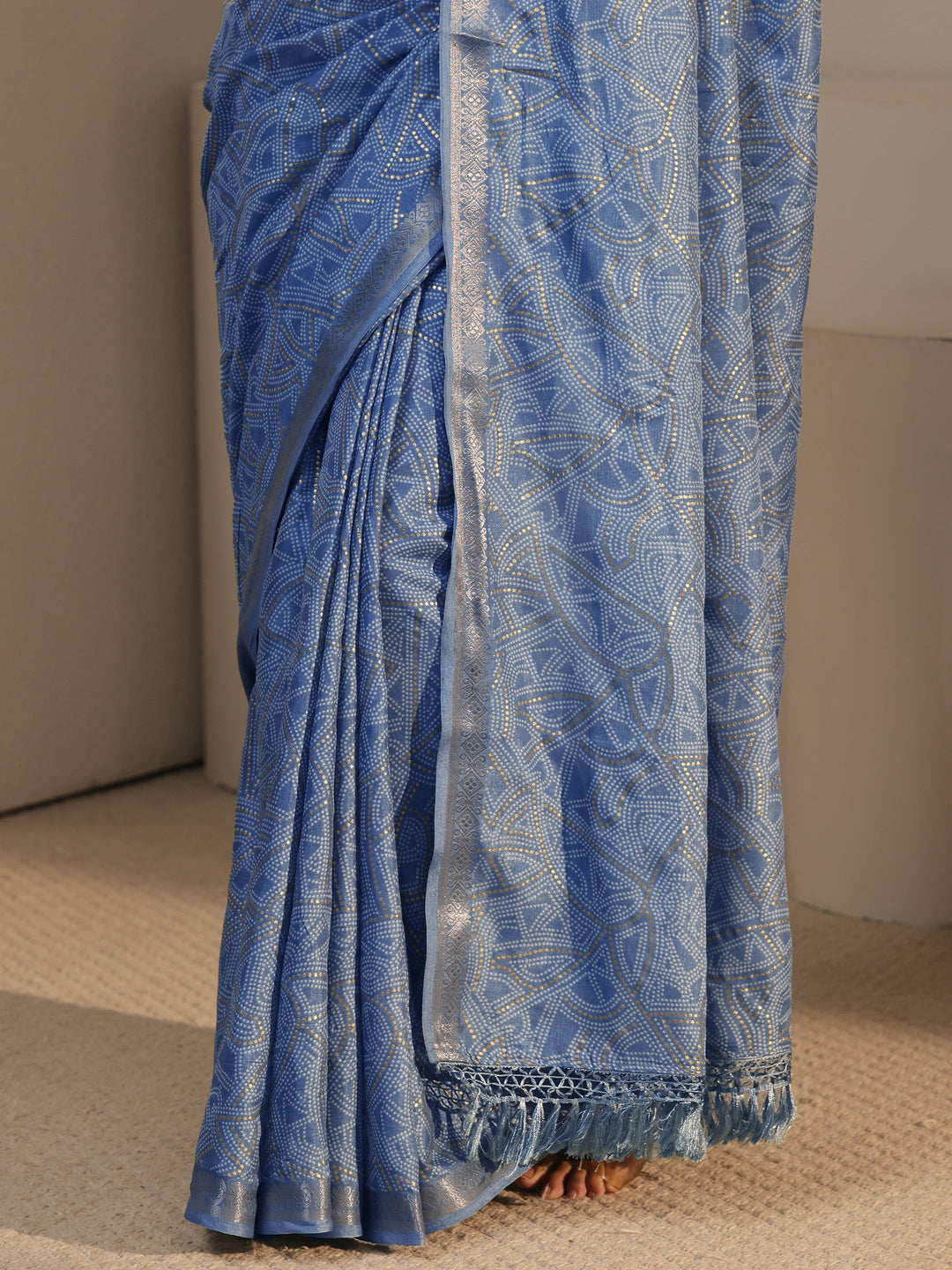  Libas Blue Bandhani Printed Silk Blend Tassel Saree 