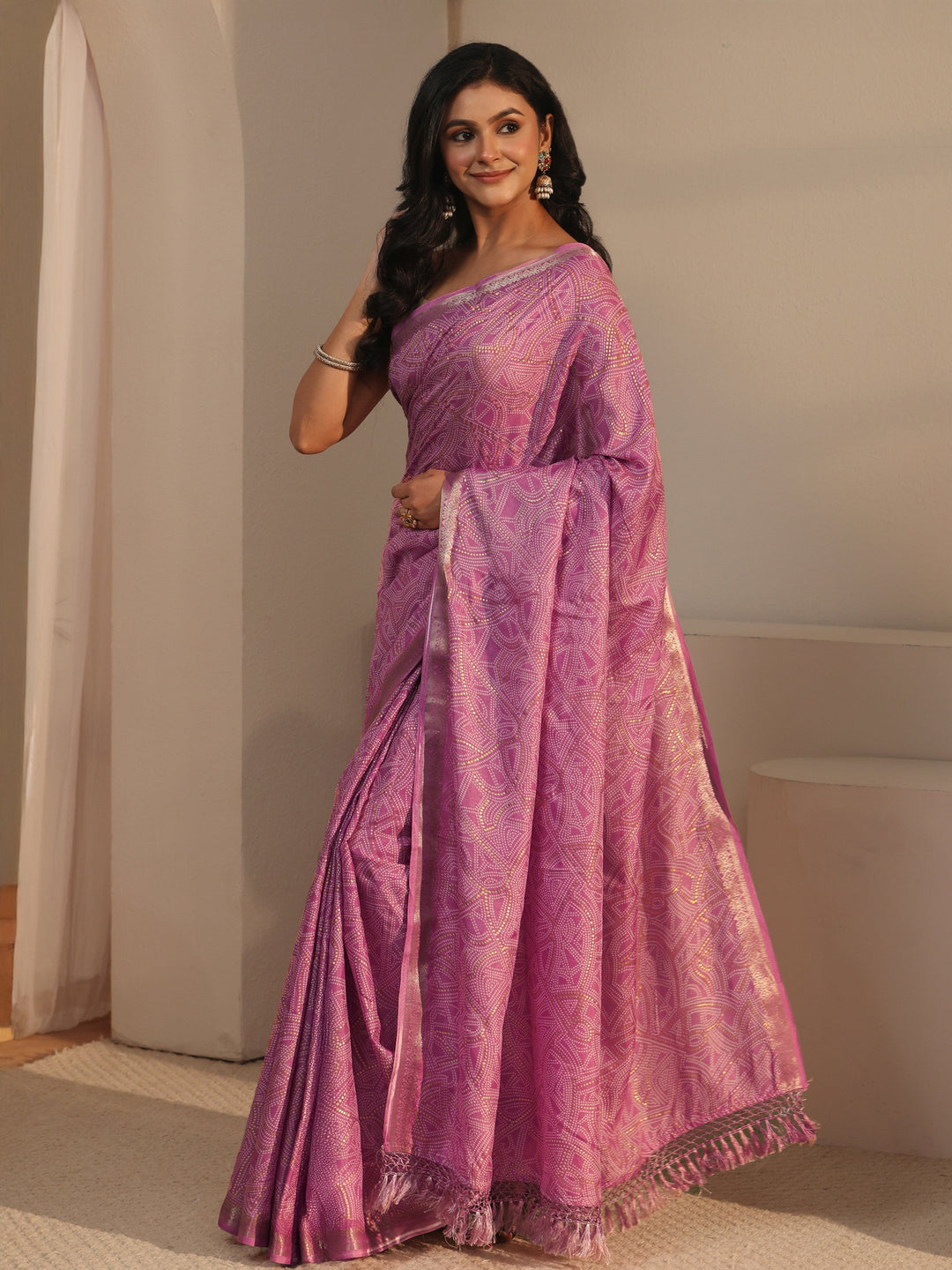  Libas Pink Bandhani Printed Silk Blend Tassel Saree 