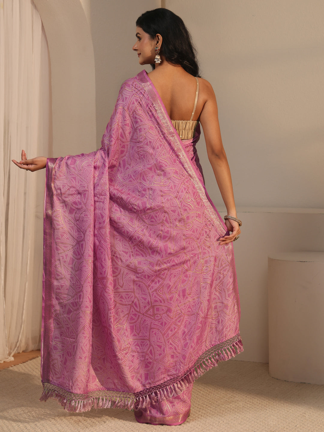  Libas Pink Bandhani Printed Silk Blend Tassel Saree 