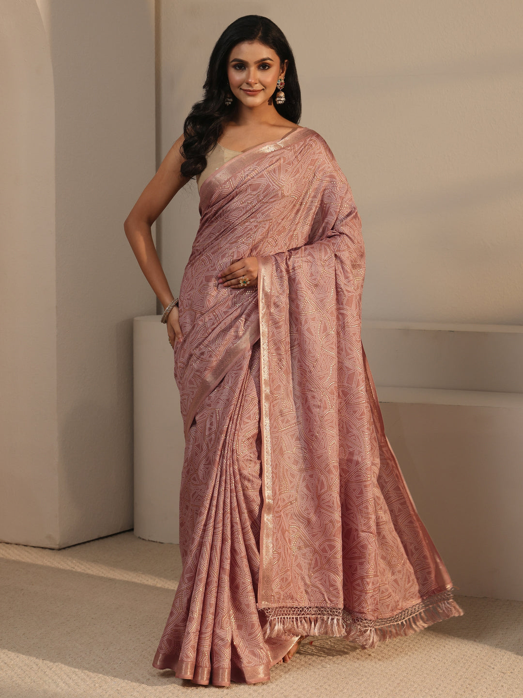  Libas Mauve Bandhani Printed Silk Blend Tassel Saree 