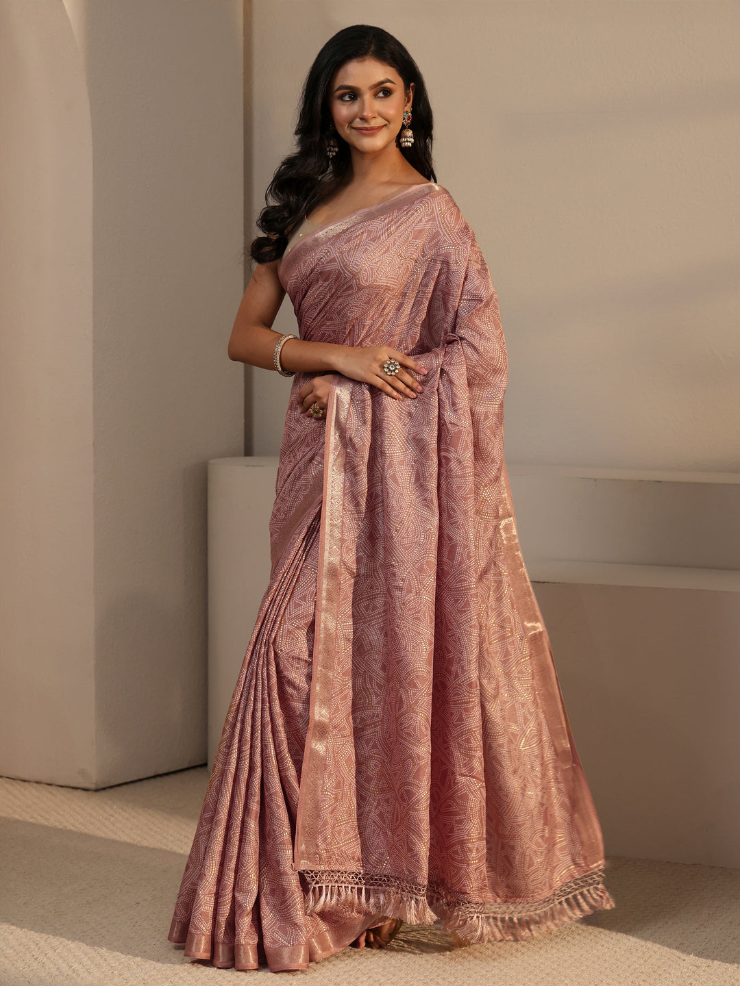 Libas Mauve Bandhani Printed Silk Blend Tassel Saree 