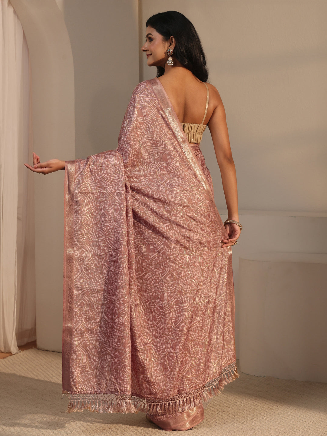  Libas Mauve Bandhani Printed Silk Blend Tassel Saree 