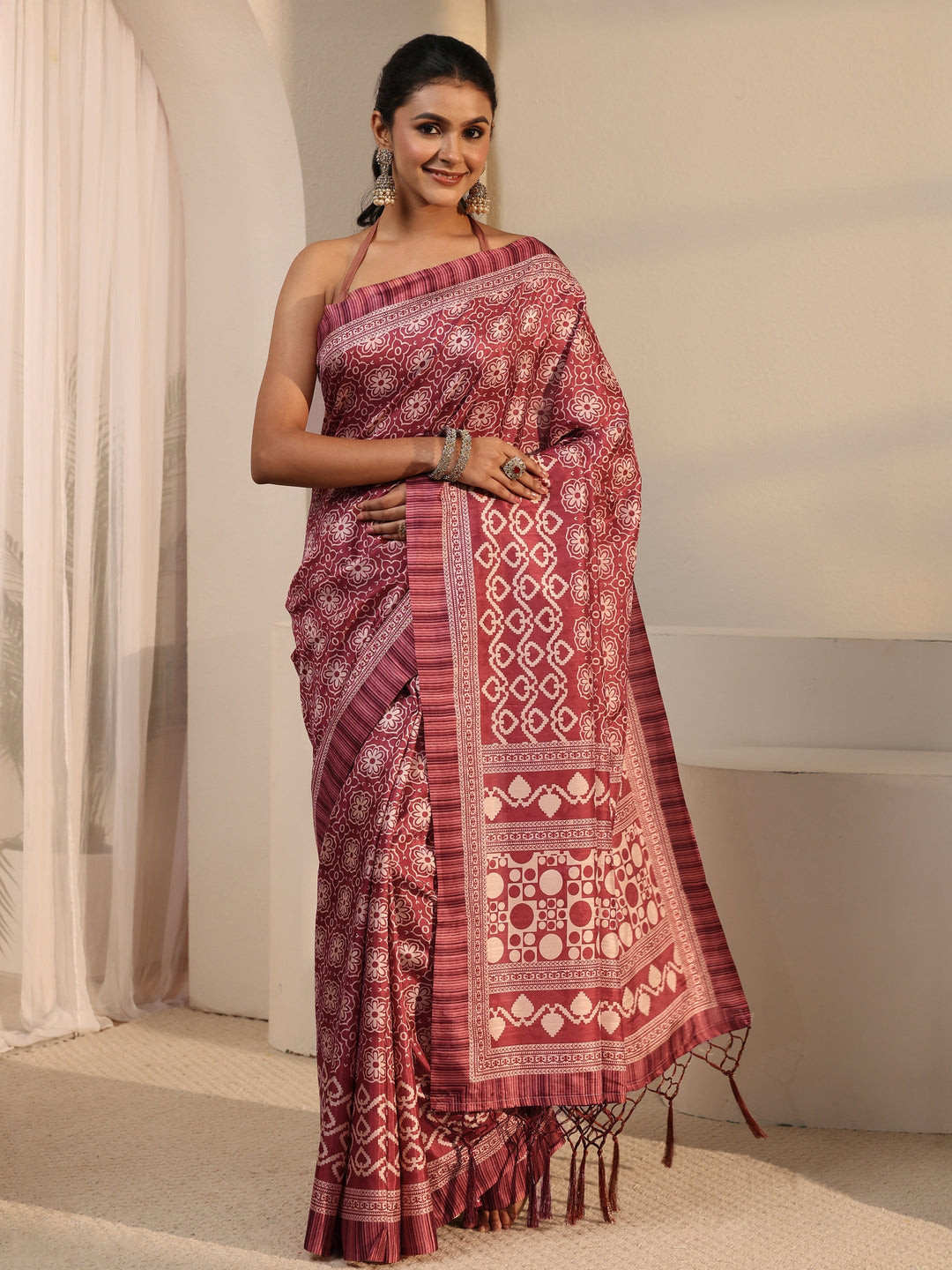  Libas Brown Printed Silk Blend Tassel Saree 