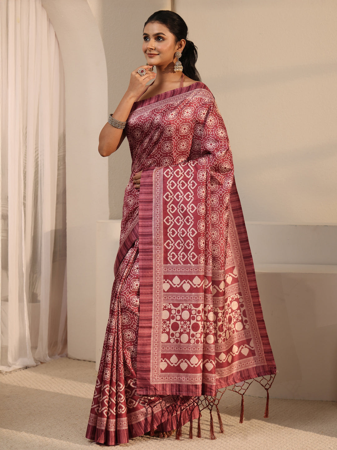  Libas Brown Printed Silk Blend Tassel Saree 