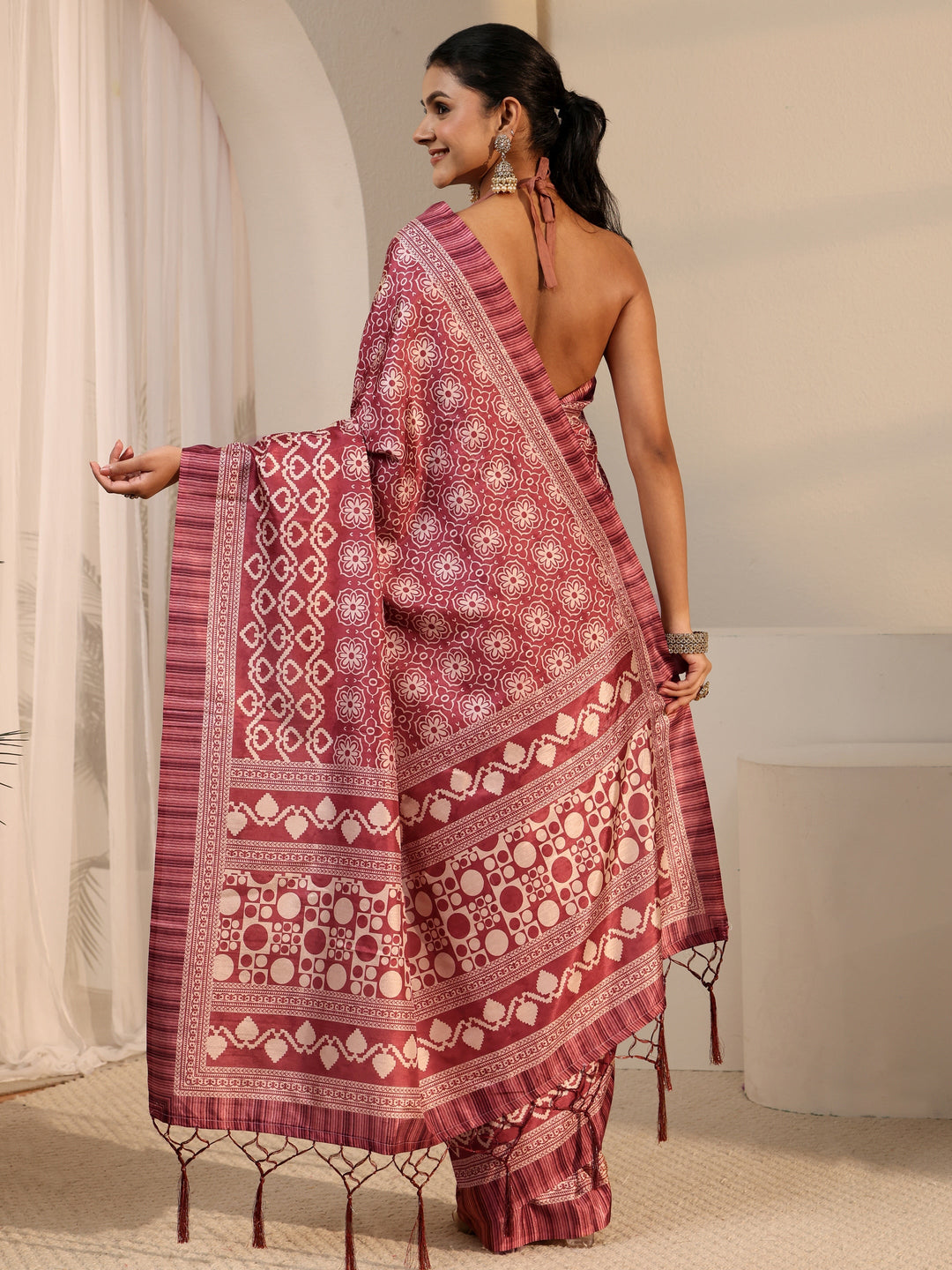  Libas Brown Printed Silk Blend Tassel Saree 