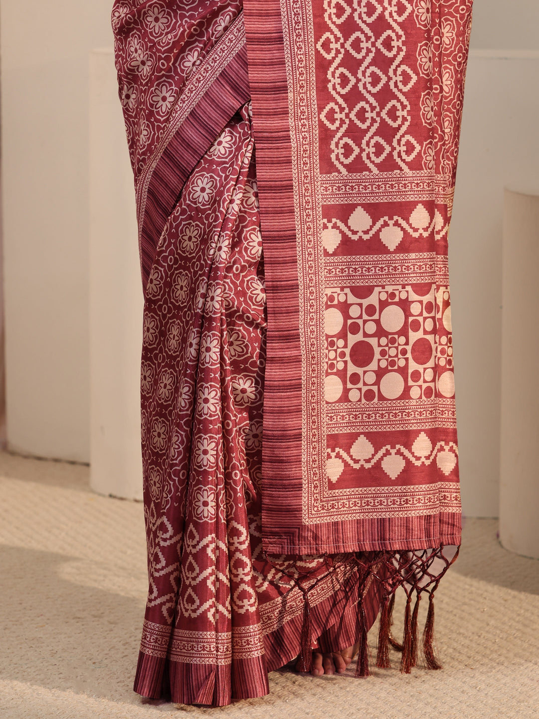  Libas Brown Printed Silk Blend Tassel Saree 