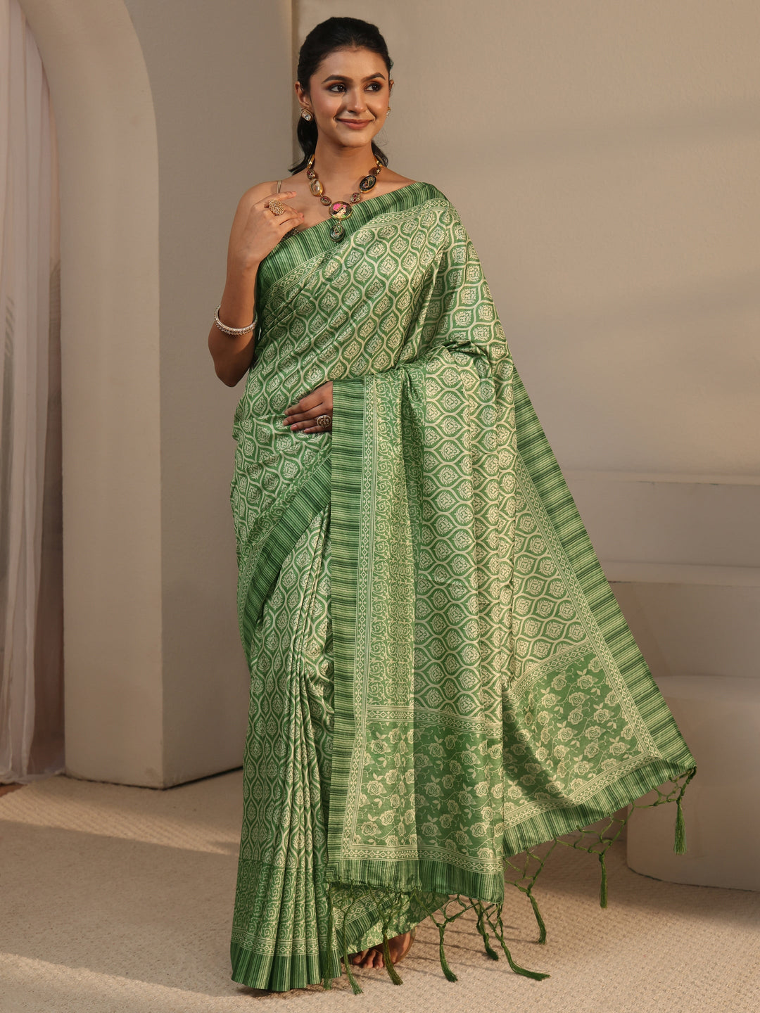 Libas Green Printed Silk Blend Tassel Saree 