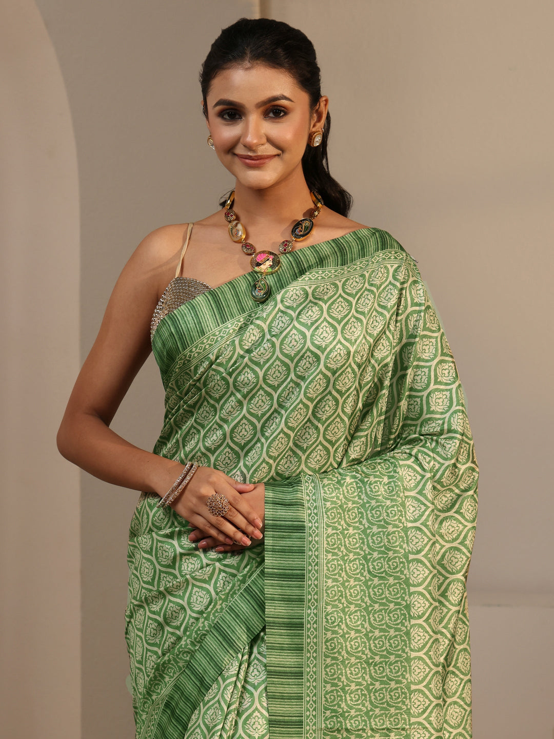  Libas Green Printed Silk Blend Tassel Saree 