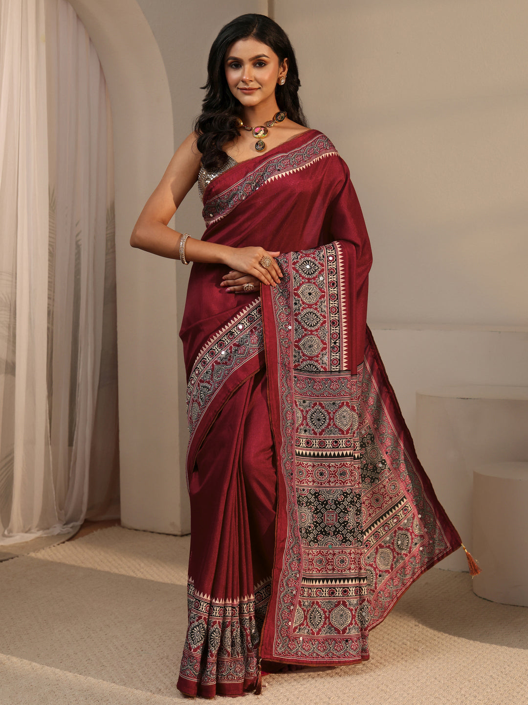  Libas Maroon Silk Blend Saree with Ajrakh Printed Pallu 