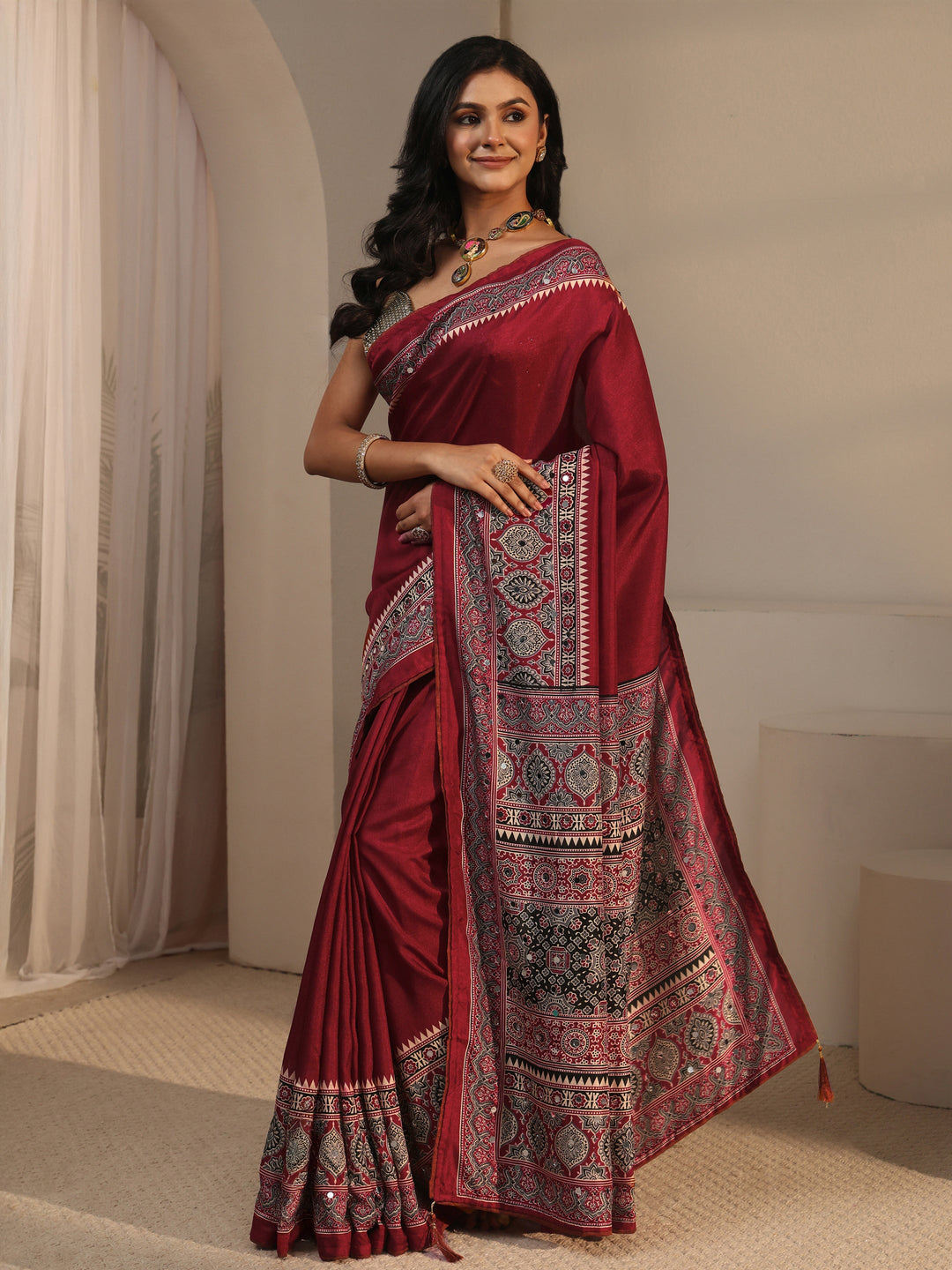  Libas Maroon Silk Blend Saree with Ajrakh Printed Pallu 