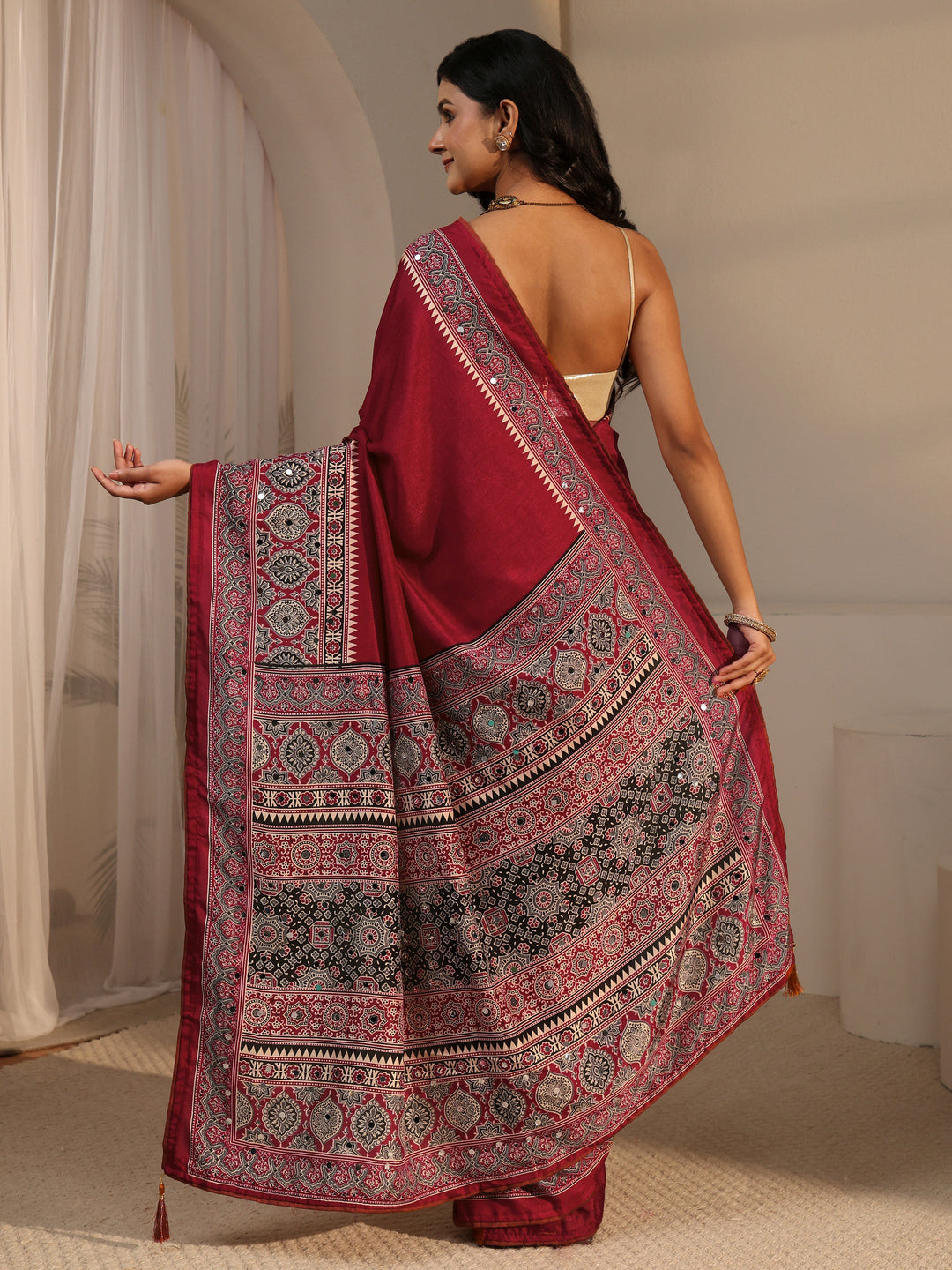  Libas Maroon Silk Blend Saree with Ajrakh Printed Pallu 