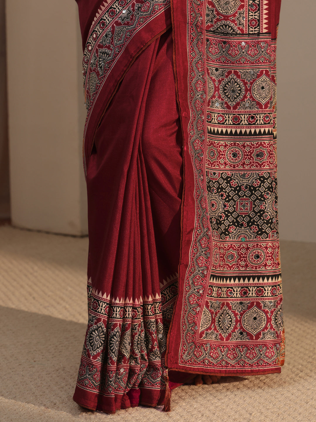  Libas Maroon Silk Blend Saree with Ajrakh Printed Pallu 