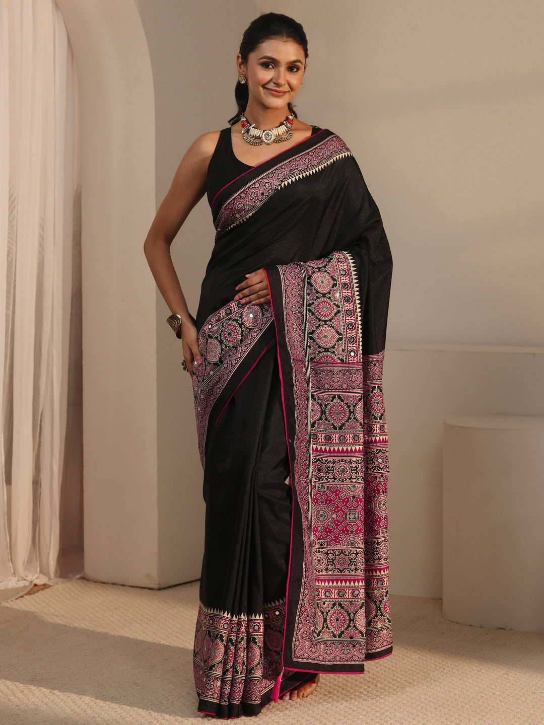  Libas Black Silk Blend Saree with Ajrakh Printed Pallu 