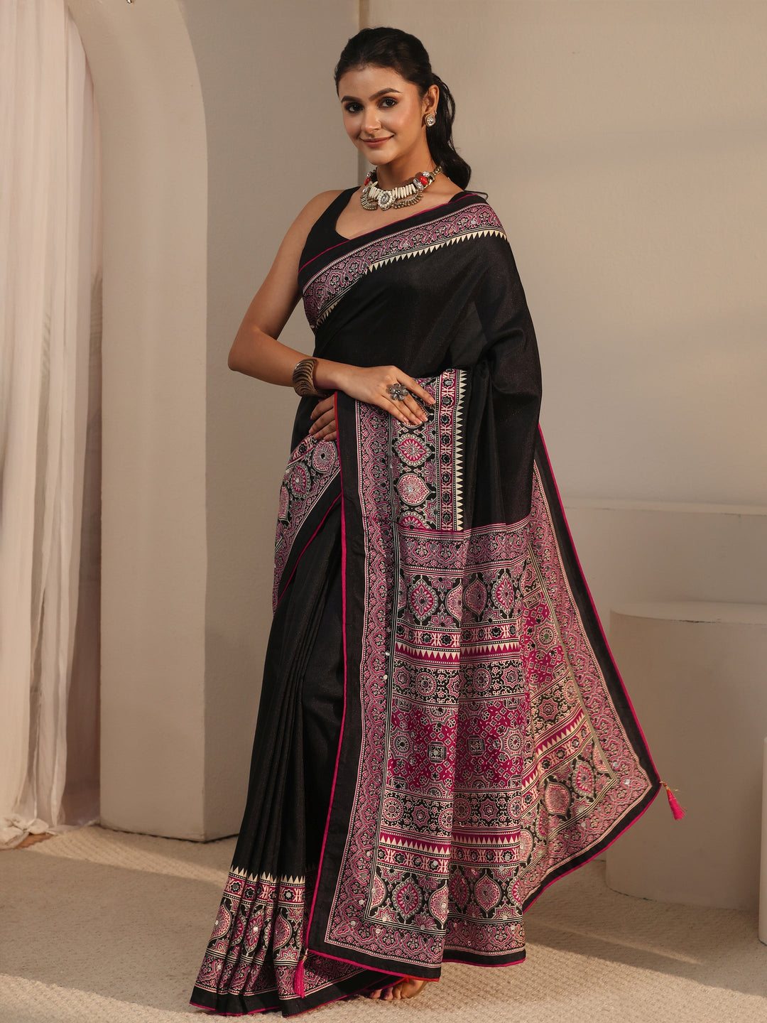  Libas Black Silk Blend Saree with Ajrakh Printed Pallu 