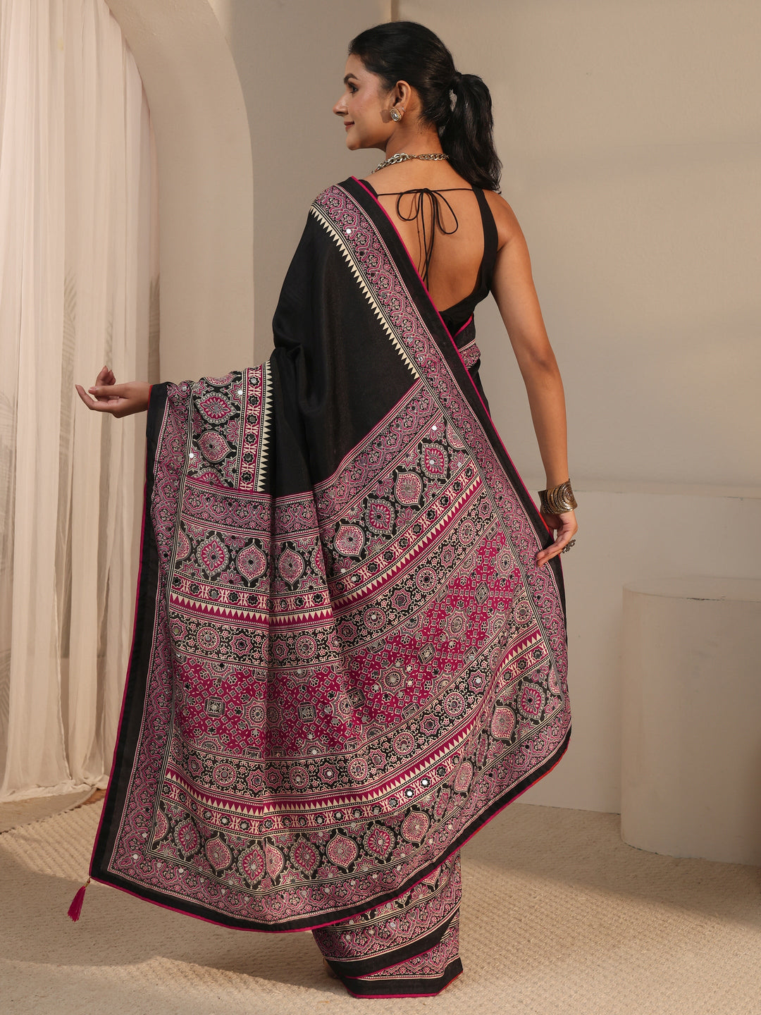  Libas Black Silk Blend Saree with Ajrakh Printed Pallu 