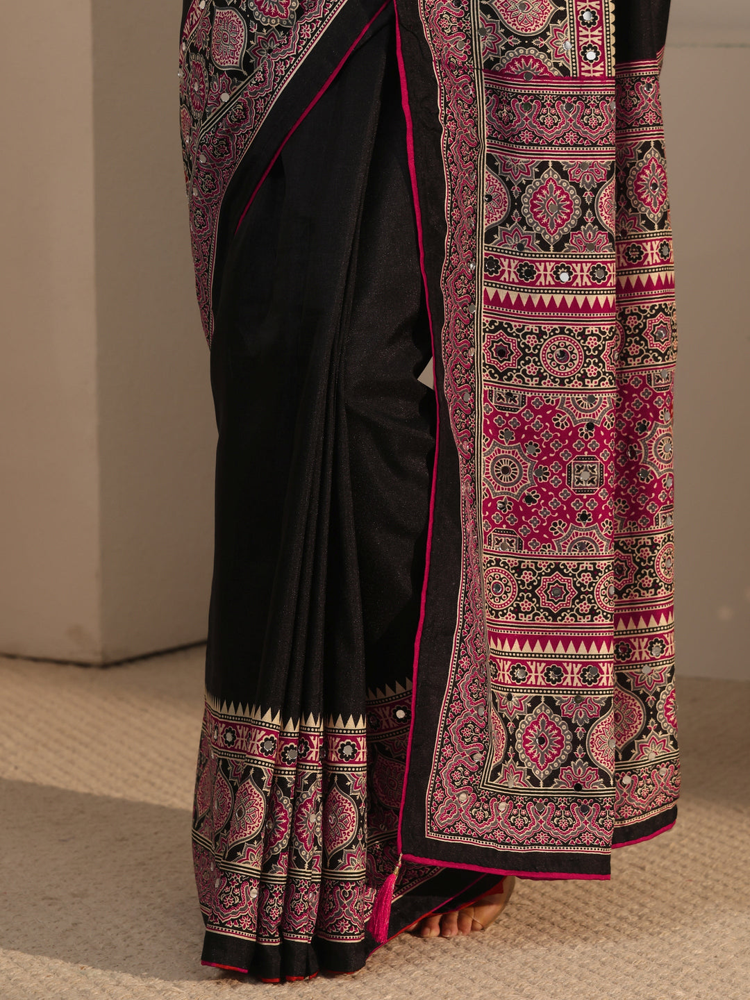  Libas Black Silk Blend Saree with Ajrakh Printed Pallu 