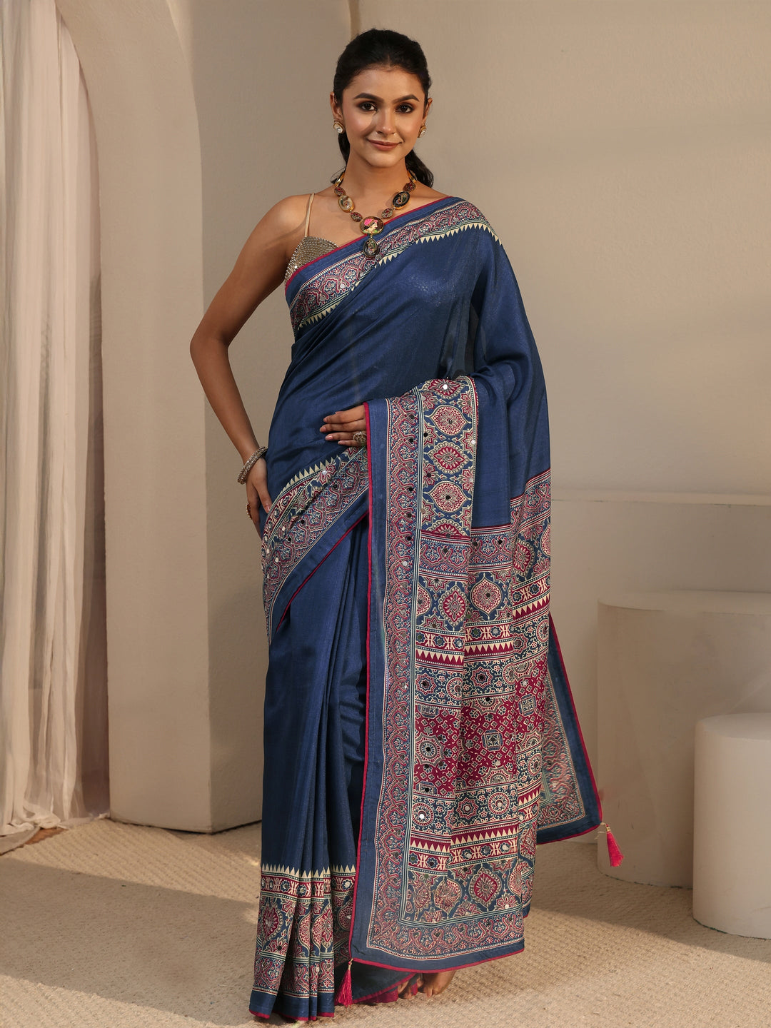  Libas Navy Blue Silk Blend Saree with Ajrakh Printed Pallu 