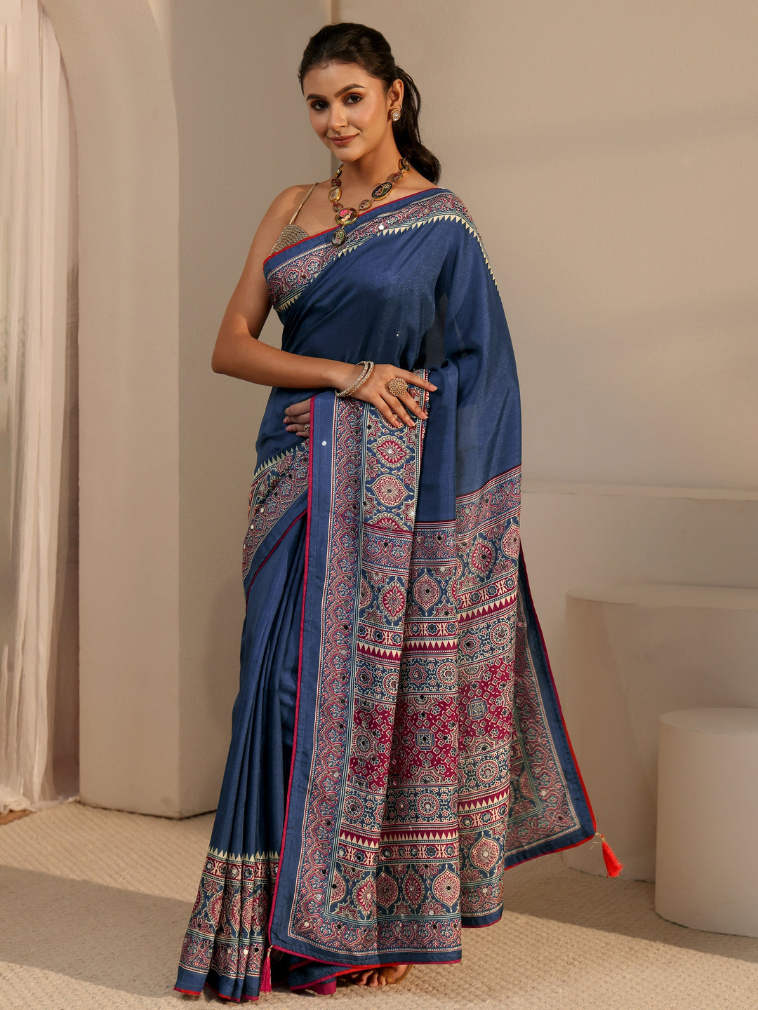  Libas Navy Blue Silk Blend Saree with Ajrakh Printed Pallu 