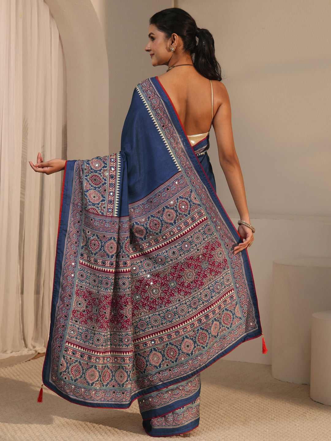  Libas Navy Blue Silk Blend Saree with Ajrakh Printed Pallu 
