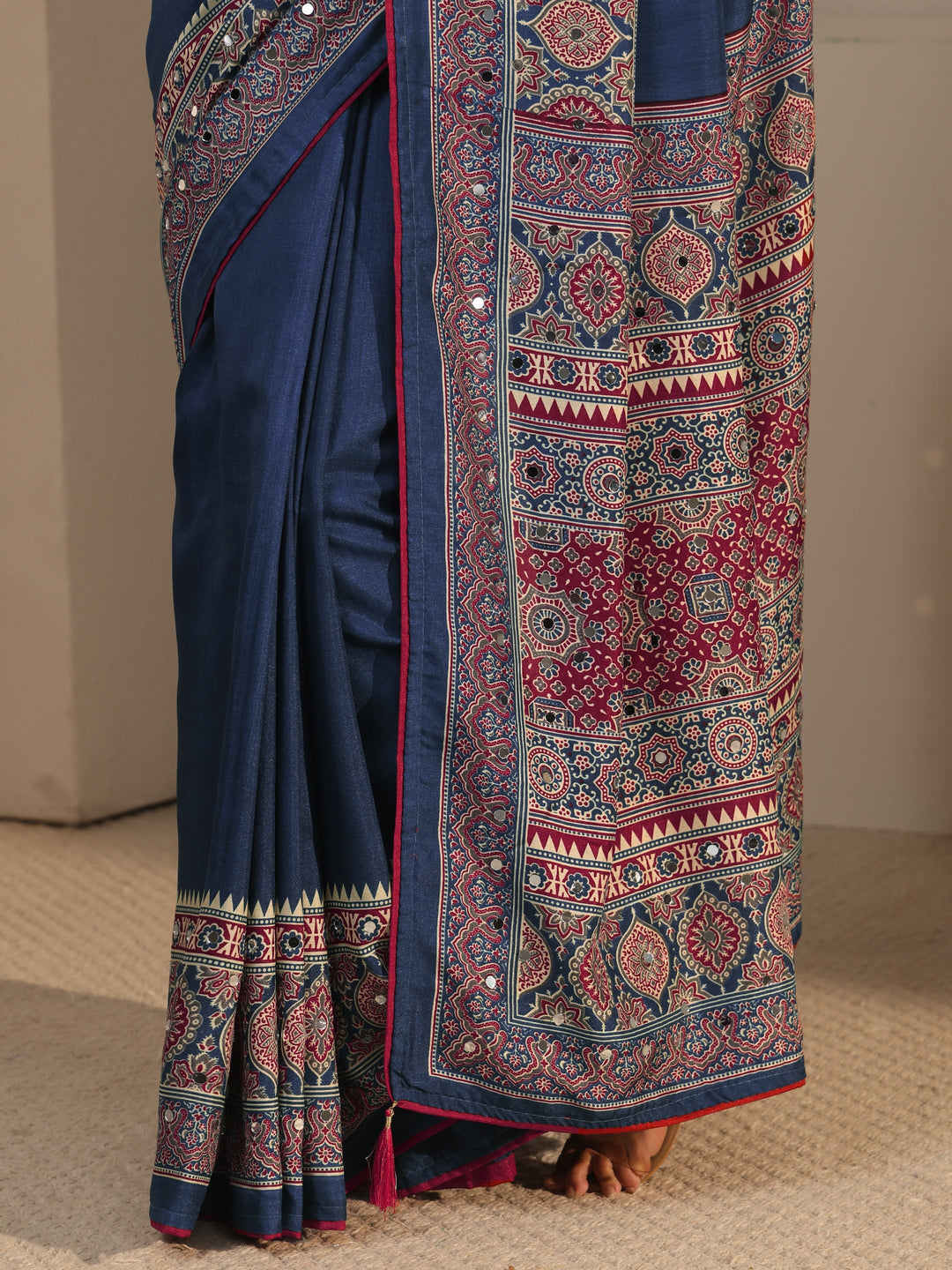  Libas Navy Blue Silk Blend Saree with Ajrakh Printed Pallu 
