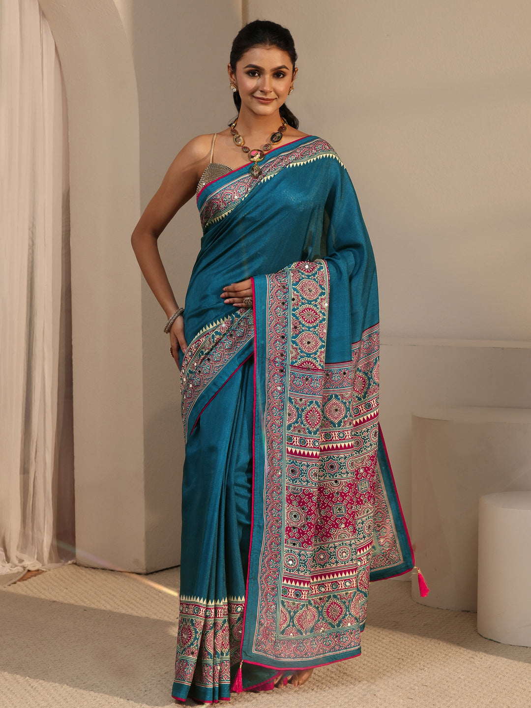  Libas Blue Silk Blend Saree with Ajrakh Printed Pallu 