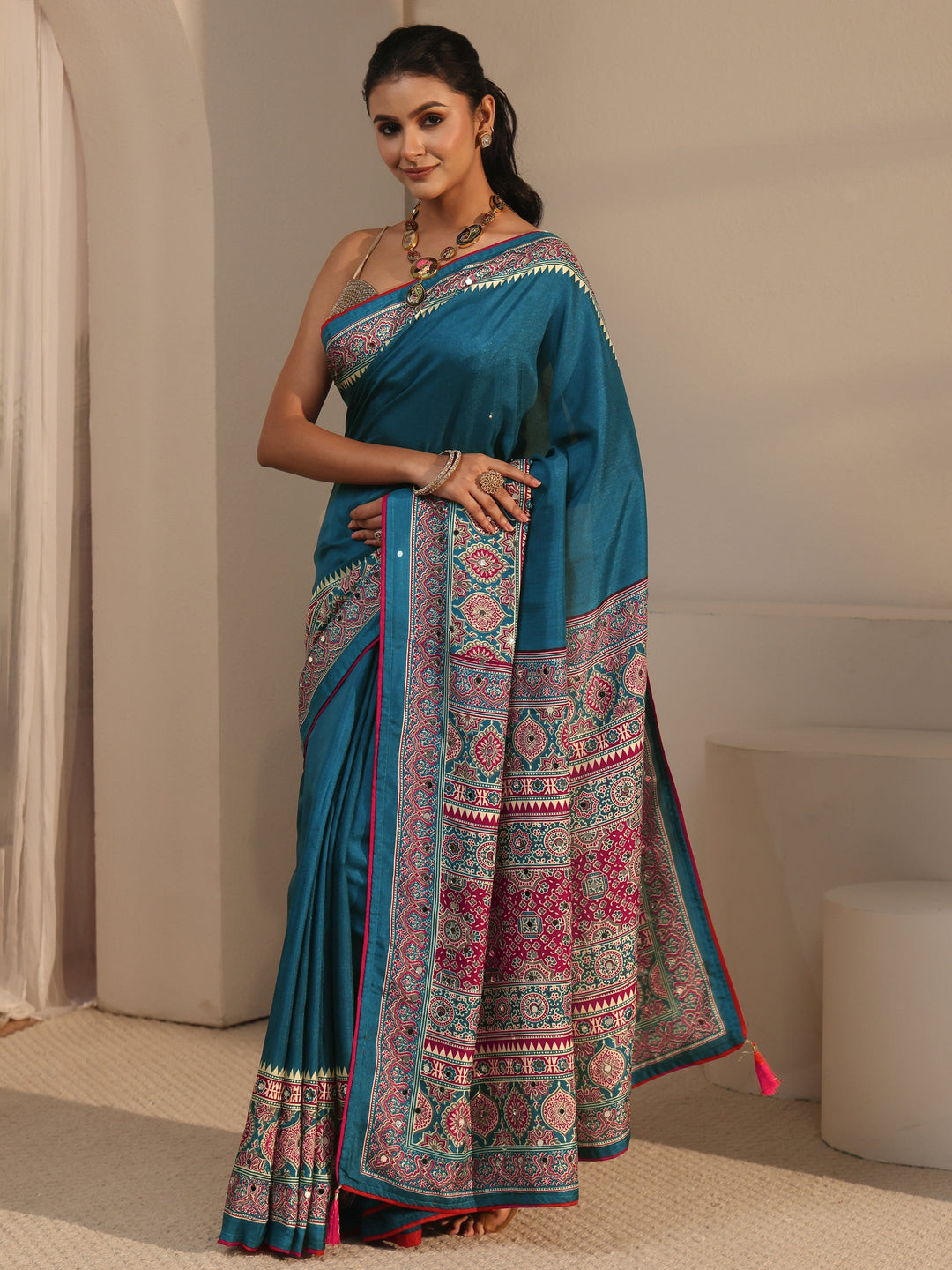  Libas Blue Silk Blend Saree with Ajrakh Printed Pallu 