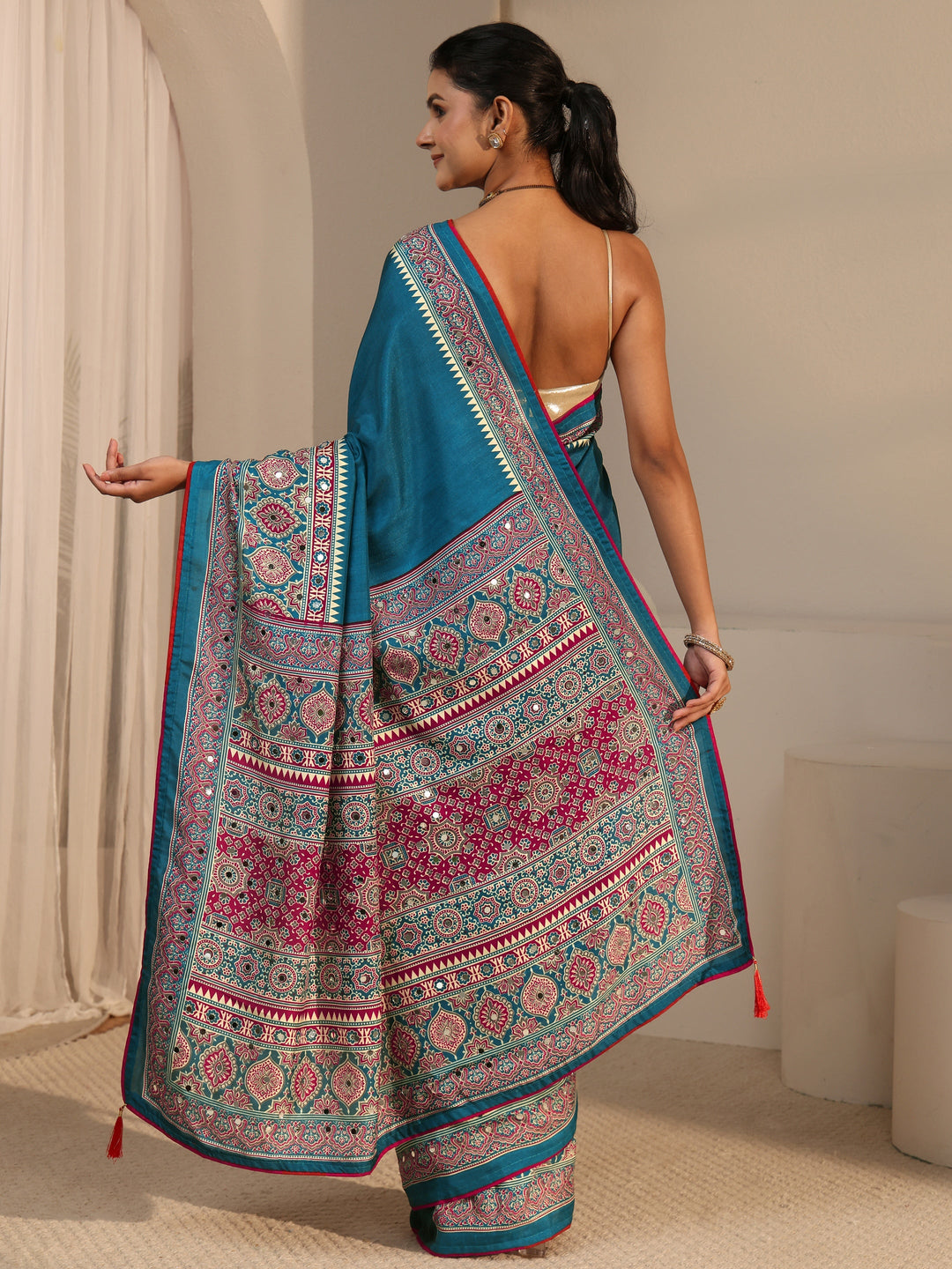  Libas Blue Silk Blend Saree with Ajrakh Printed Pallu 