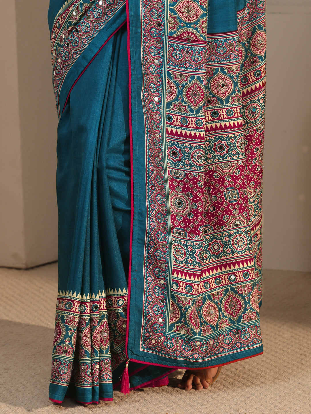  Libas Blue Silk Blend Saree with Ajrakh Printed Pallu 