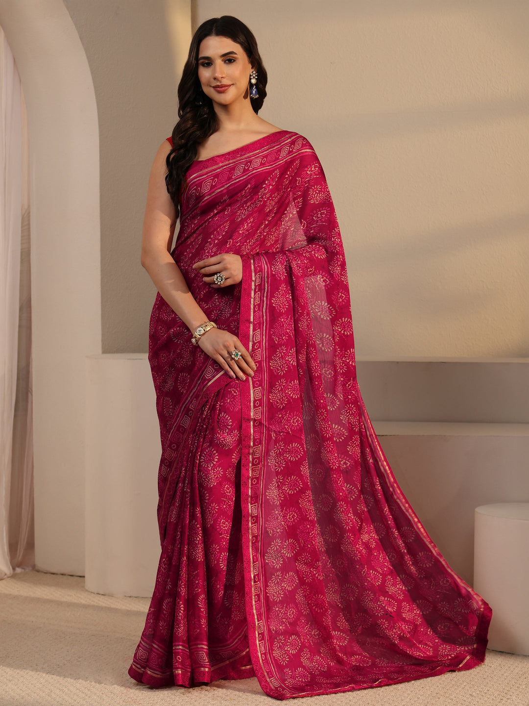  Libas Red Block Printed Silk Blend Saree 
