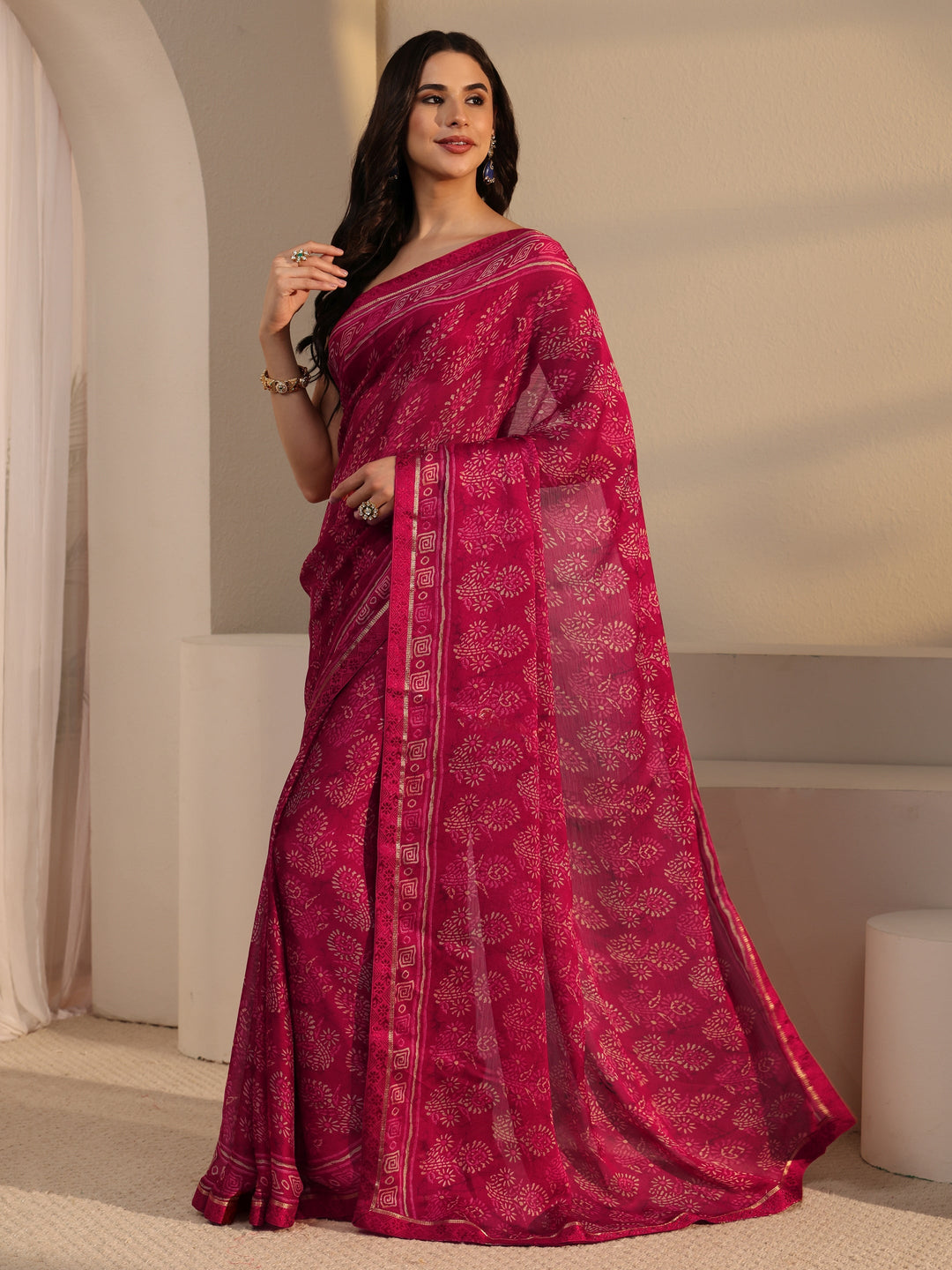  Libas Red Block Printed Silk Blend Saree 