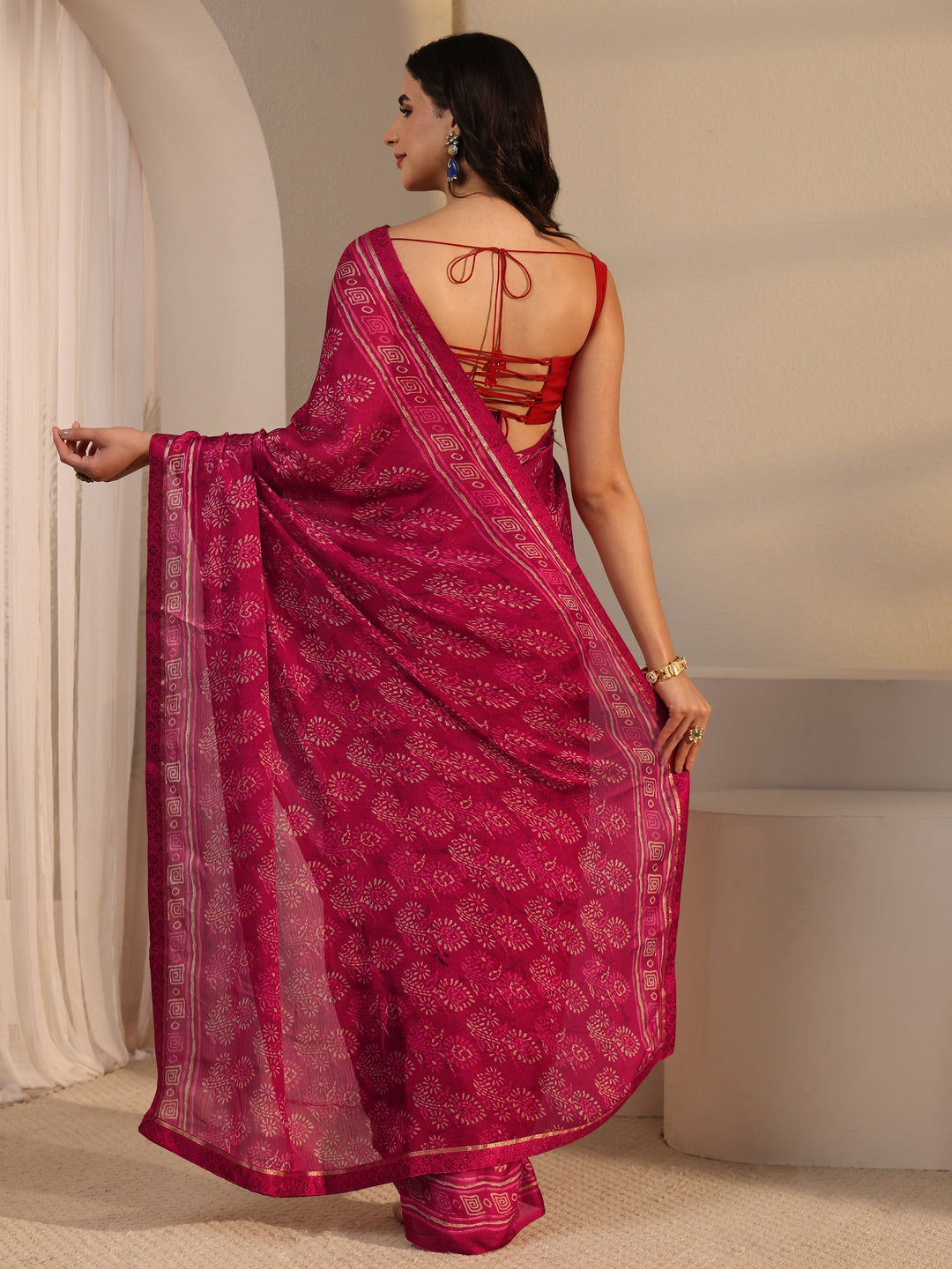  Libas Red Block Printed Silk Blend Saree 