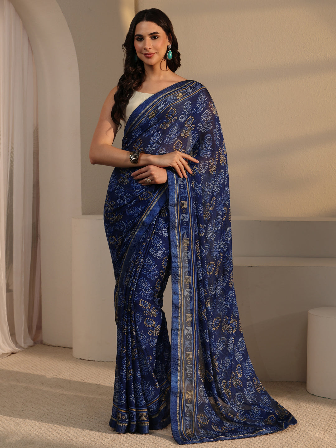  Libas Blue Block Printed Chiffon Saree 
