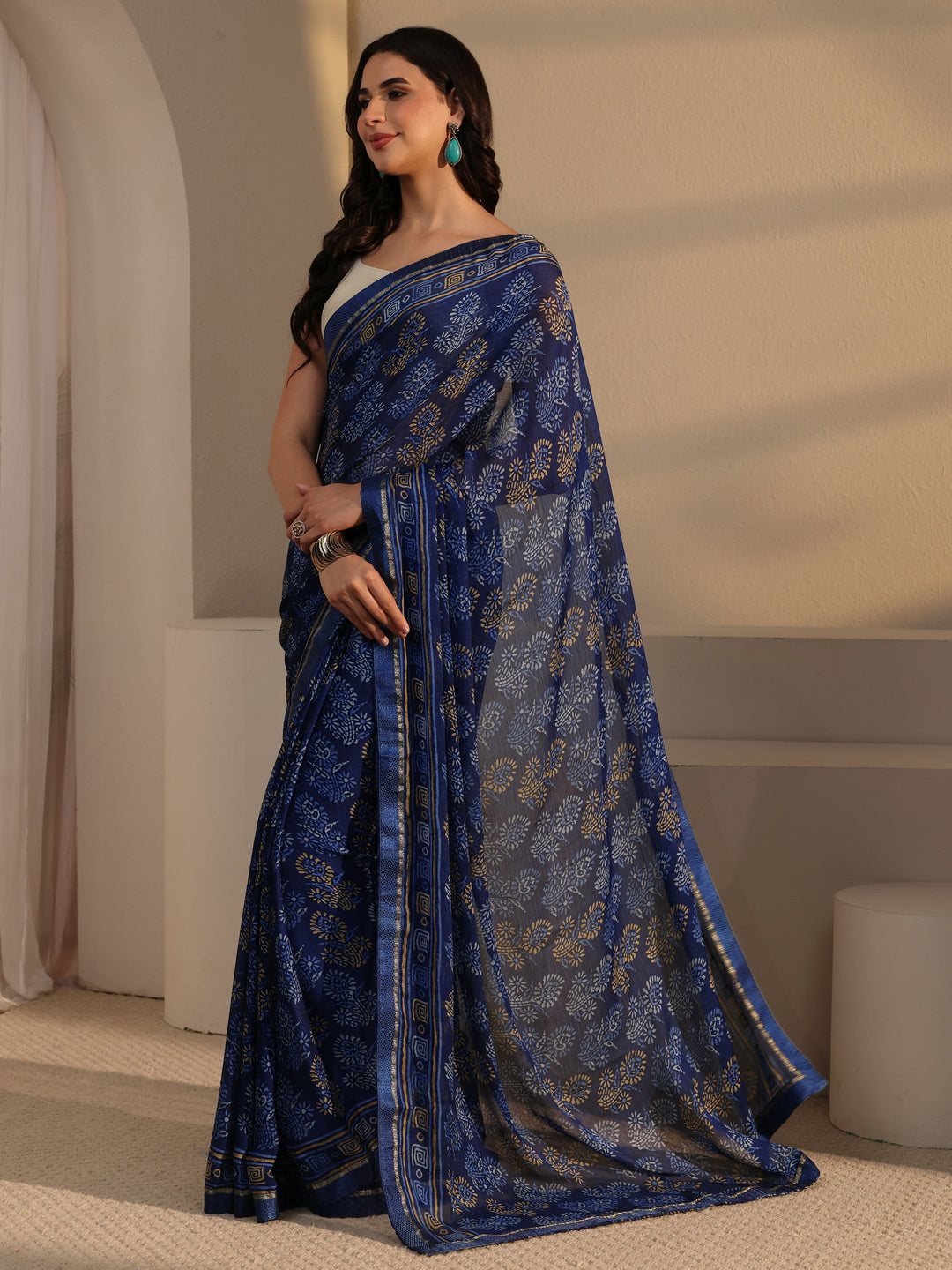  Libas Blue Block Printed Chiffon Saree 
