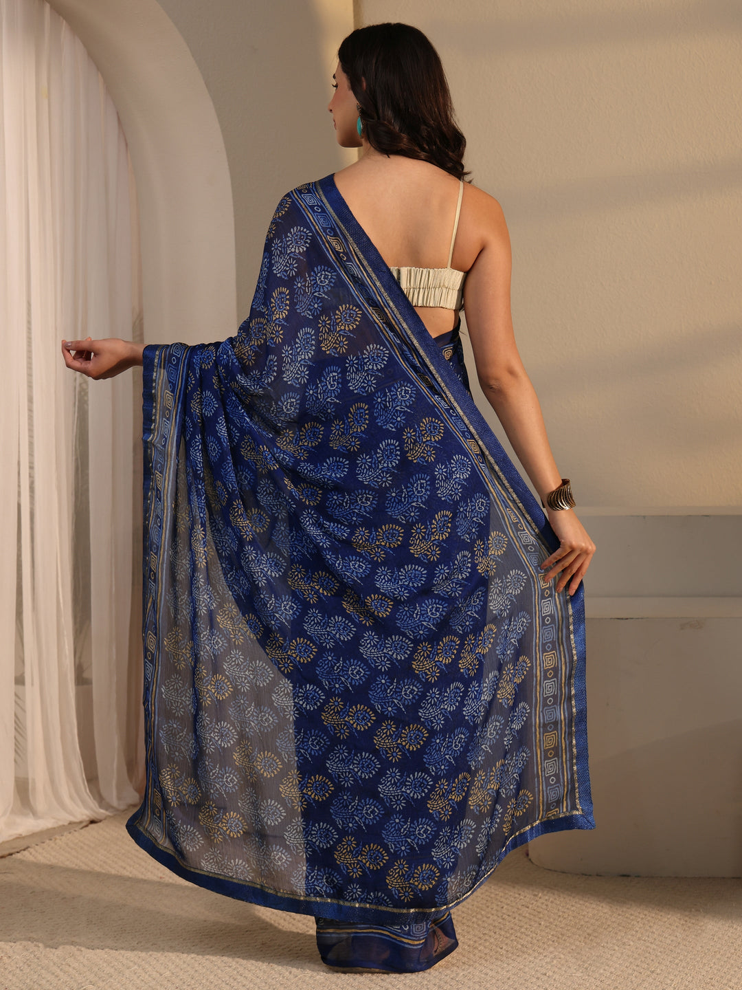  Libas Blue Block Printed Chiffon Saree 