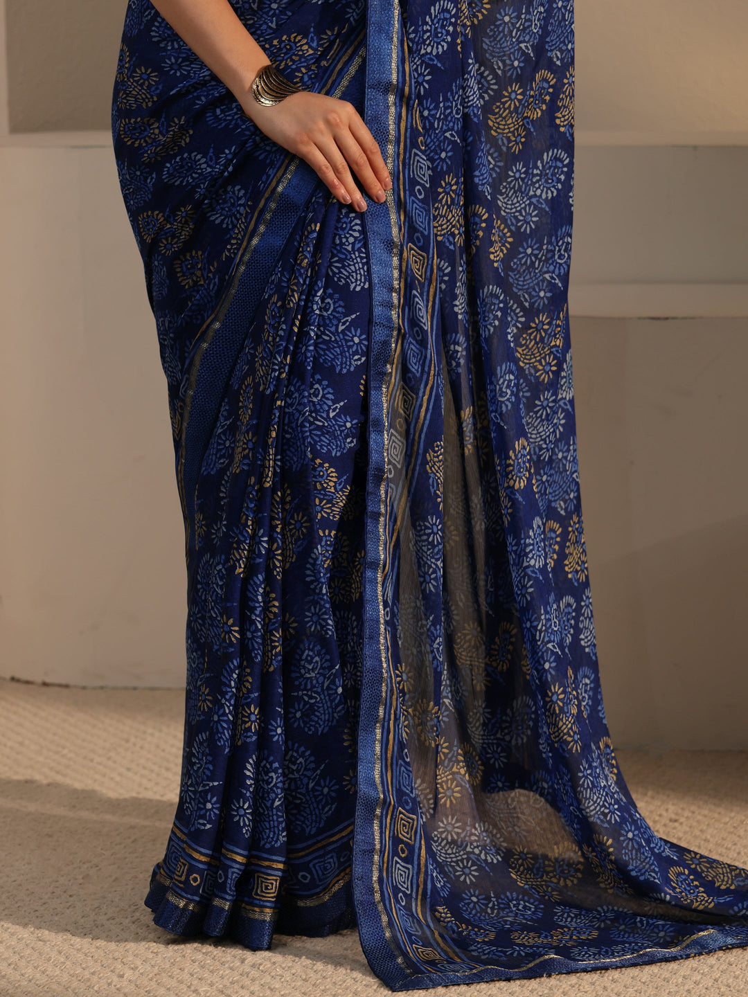  Libas Blue Block Printed Chiffon Saree 