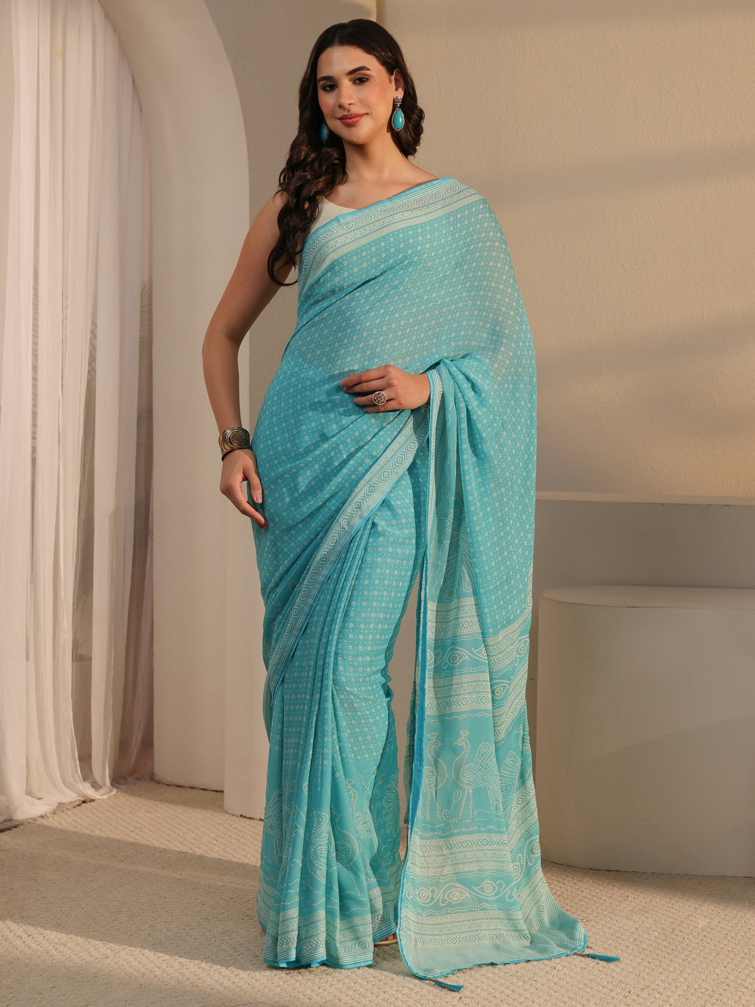  Libas Sky Blue Bandhani Printed Georgette Saree 