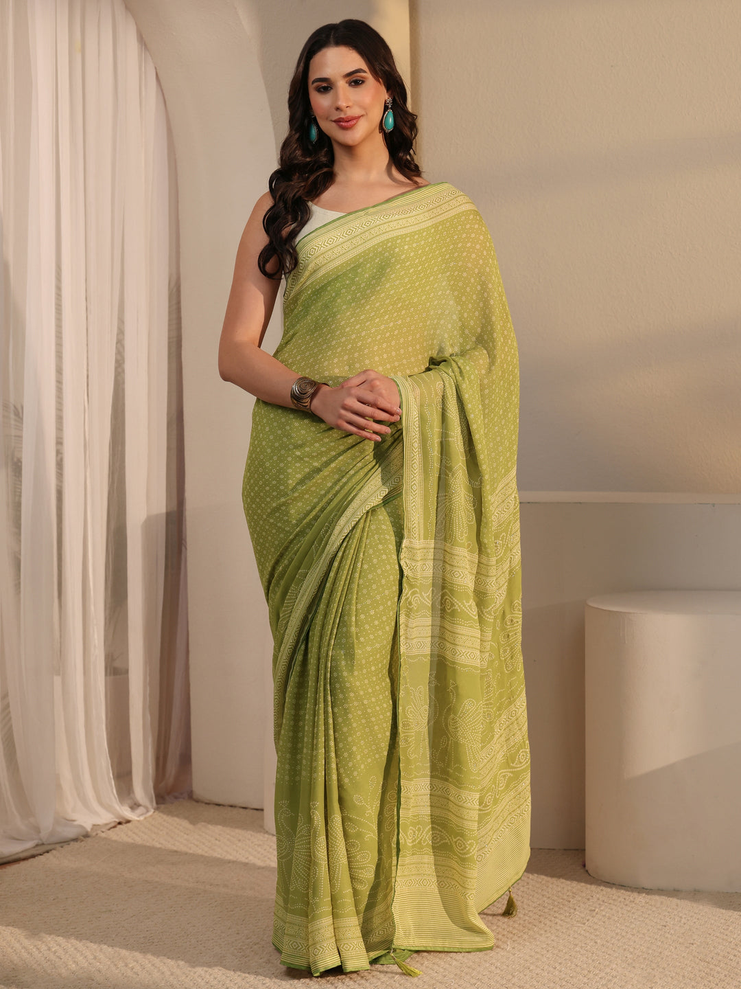  Libas Pista Green Bandhani Printed Georgette Saree 