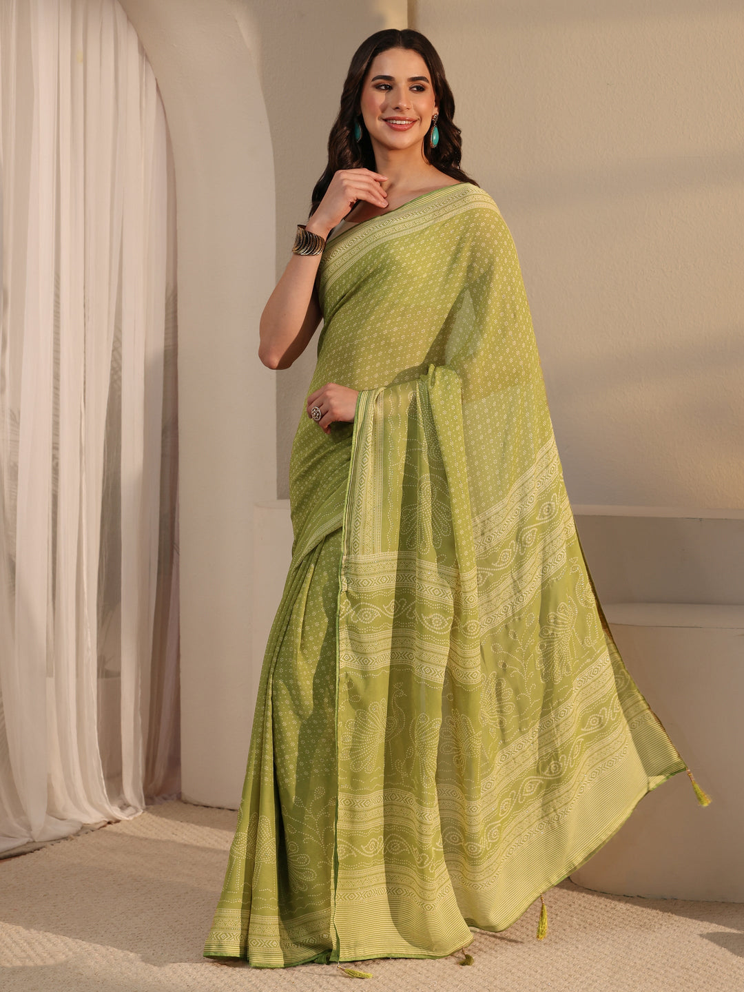  Libas Pista Green Bandhani Printed Georgette Saree 